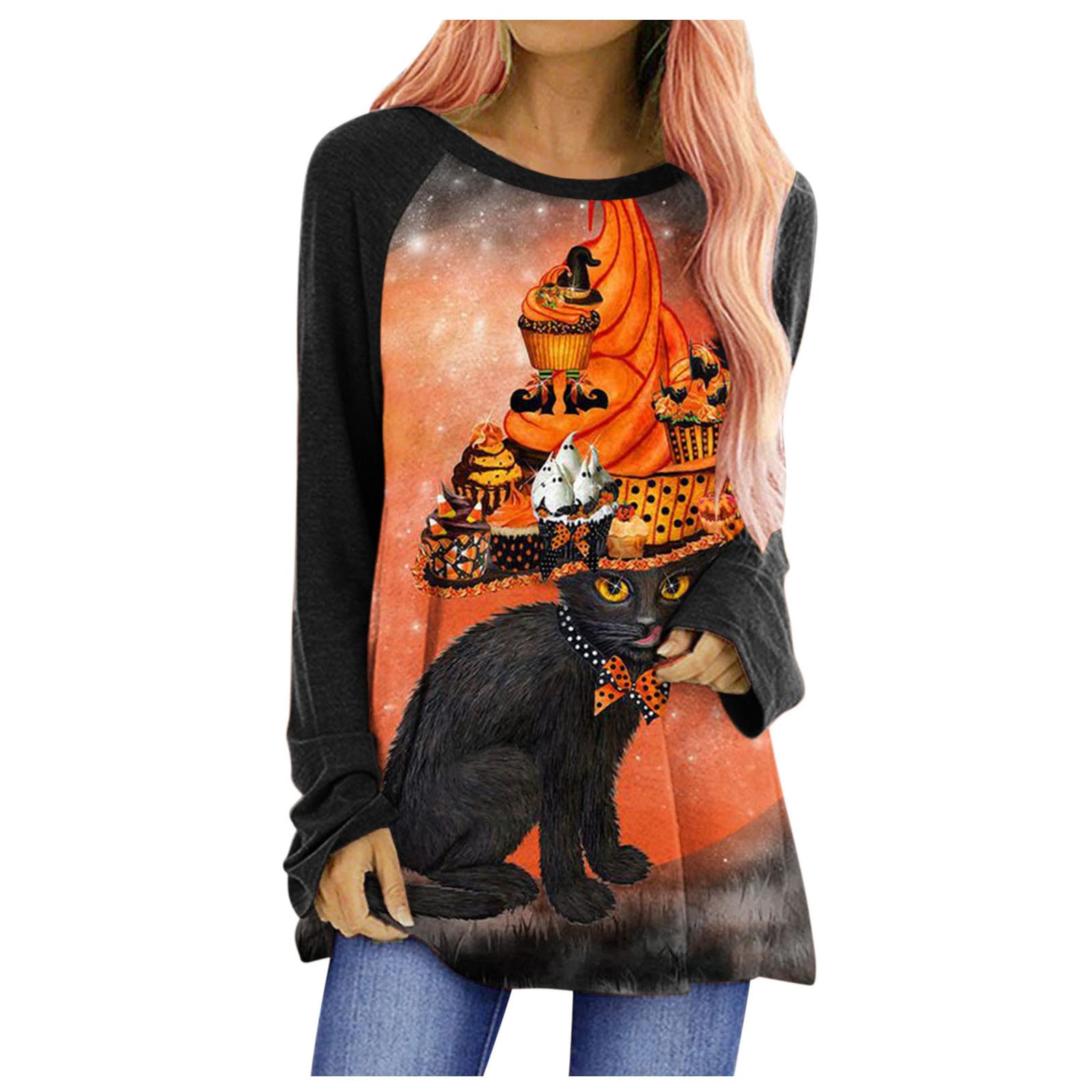 HAOREEKZ Women's Halloween Printed Sweatshirt - Long Sleeve Casual Pullover Blouse for Fall & Halloween Parties | Cute Medium Length Top for Costumes, Trick or Treating & Spooky Season Outfits