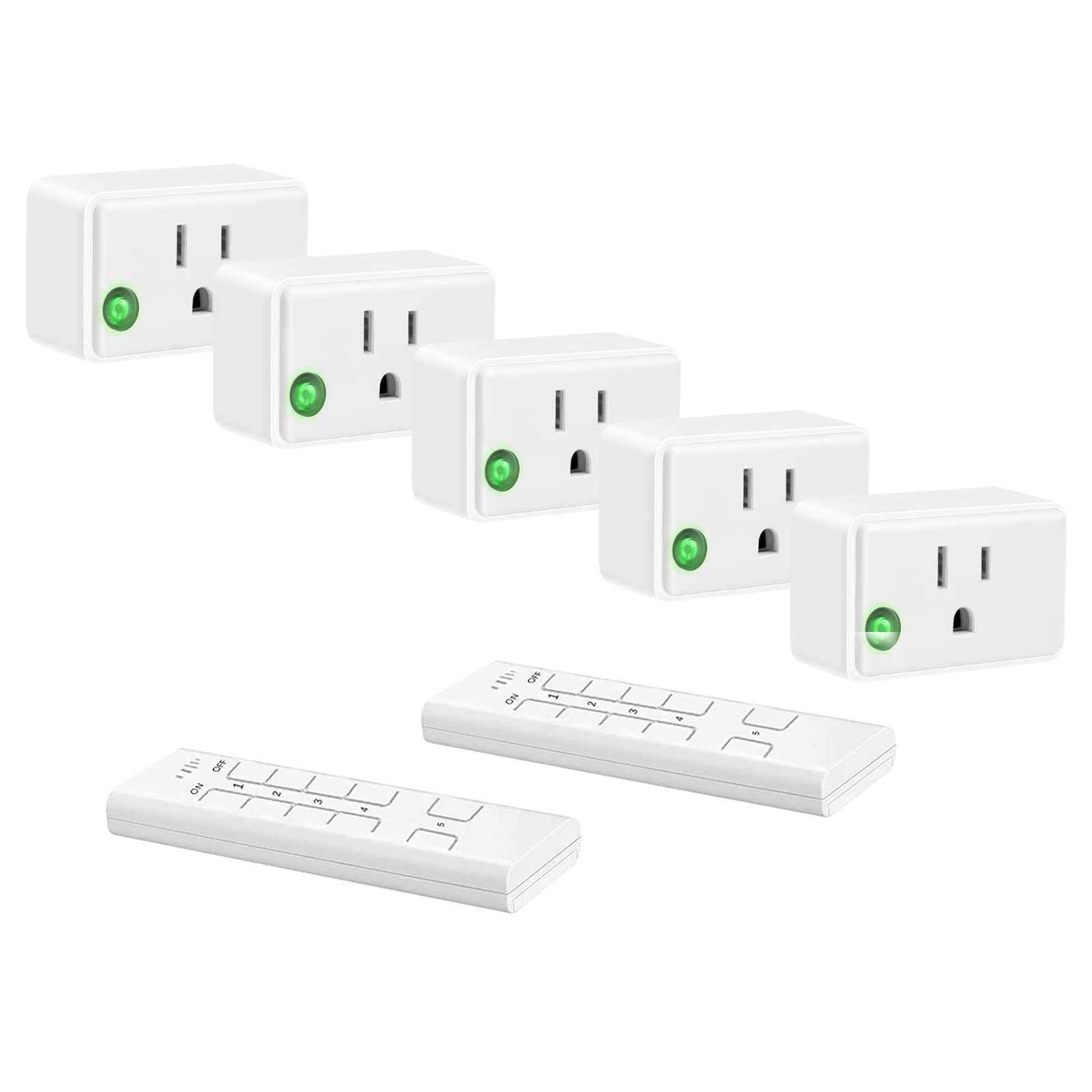 Smart Wireless Remote Control Outlet Plug Kit - 5 Electrical Outlets with 2 Remotes for Lights, Fans & Small Appliances (1800W/15A, White) | Long Range Home Automation & Smart Living Solution
