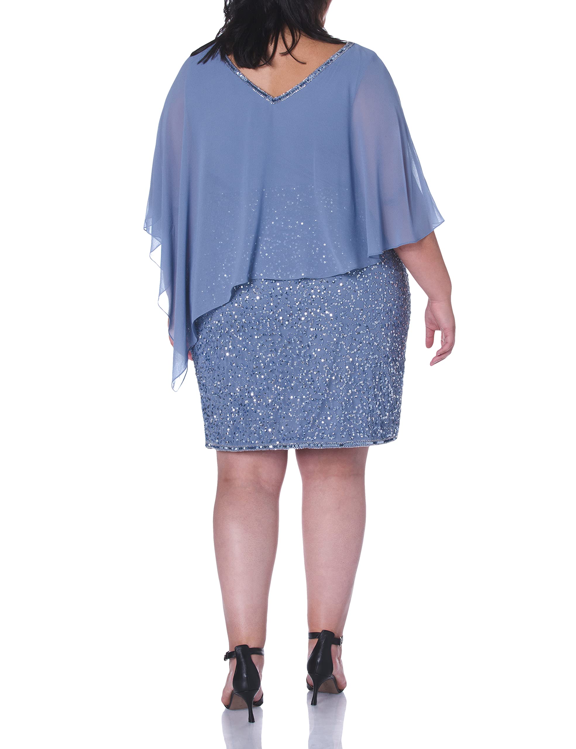 J Kara Women's Plus Size V-Neck Beaded Cocktail Dress - Elegant Caplet Short Party Gown for Evening Events, Weddings & Special Occasions