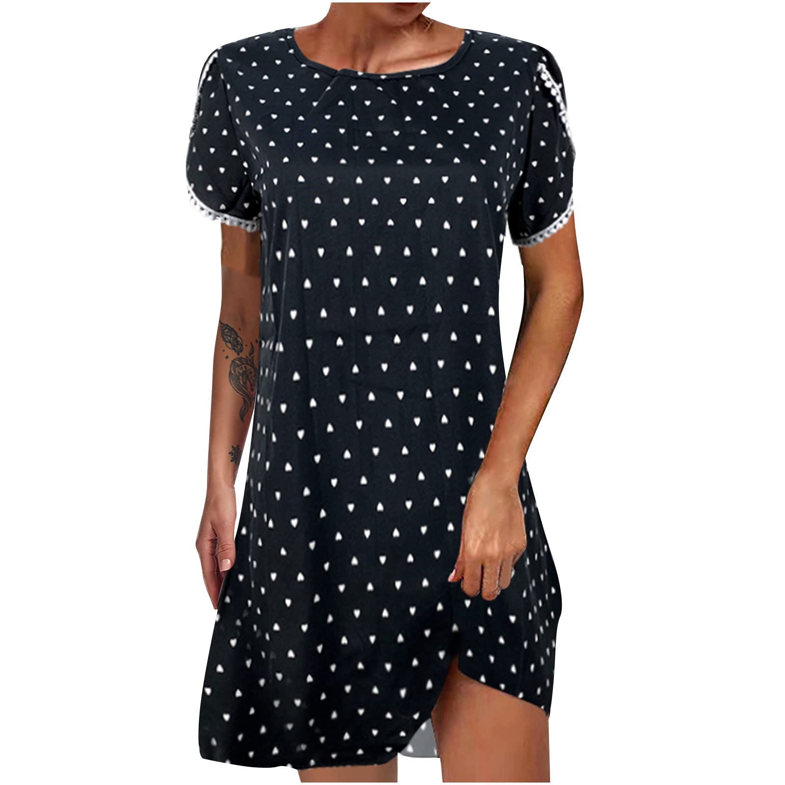 Women's Floral Printed Lace Round Neck Short Sleeve Mini Dress - Elegant Casual & Dressy Tops for Women | Perfect for Office, Date Night, Summer Outings & Special Occasions
