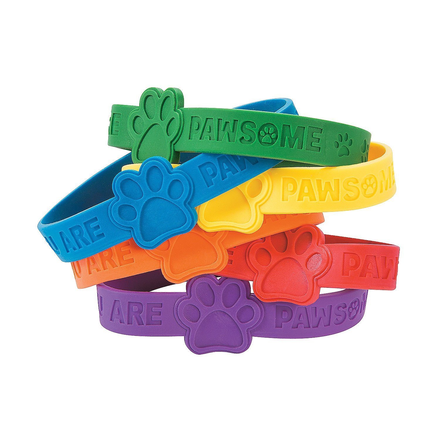Fun Express Paw Print Rubber Bracelets (48 Pack) - Colorful Animal Themed Wristbands for Kids, Party Favors, Classroom Rewards & Pet Lover Gifts - Great for Birthday Parties, School Events & Fundraisers