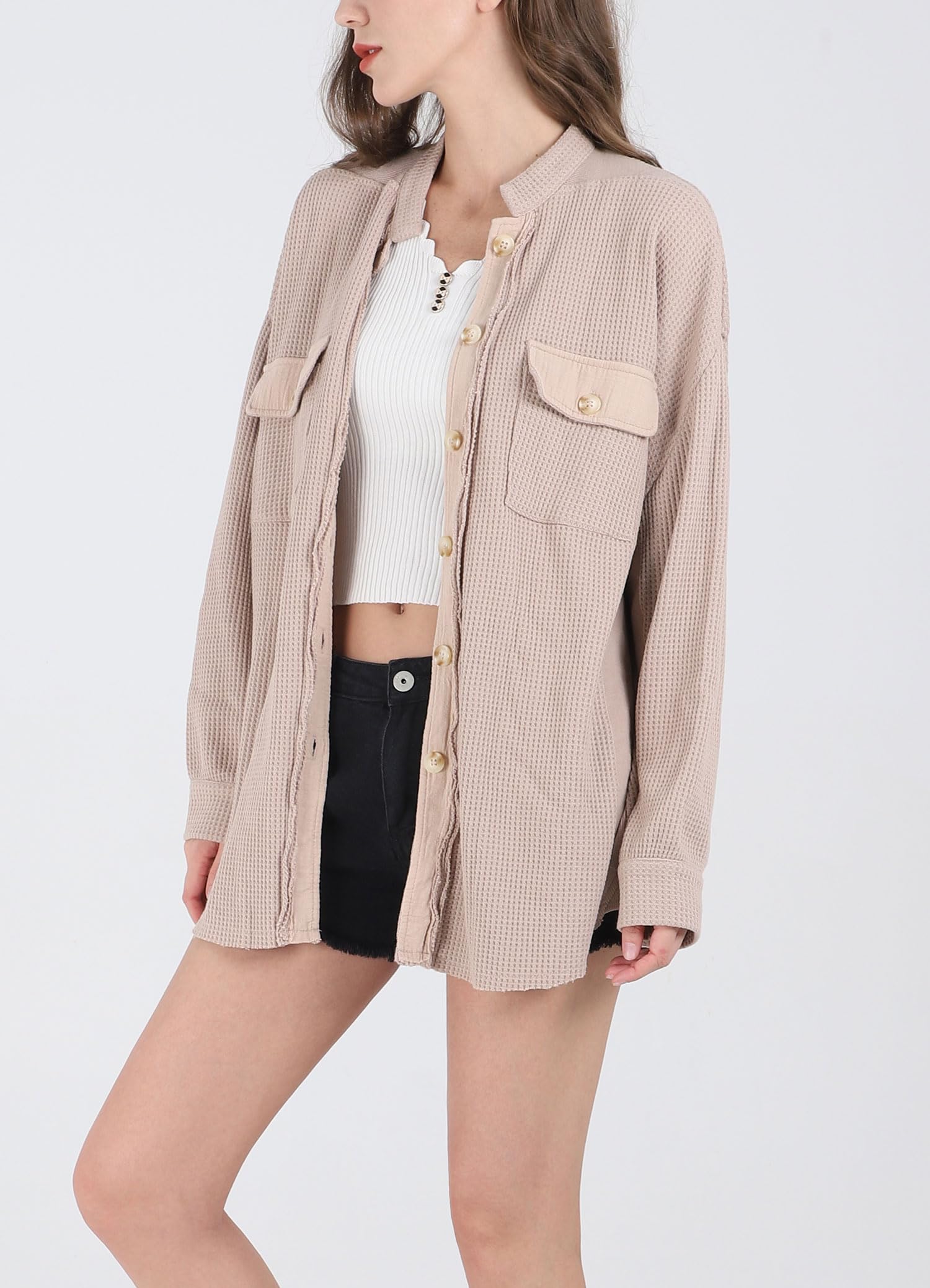 Women's Loose Fit Batwing Sleeve Waffle Knit Button Down Shirt Shacket - Casual Long Sleeve Tops for Fall & Winter Layering, Office Wear and Weekend Outfits