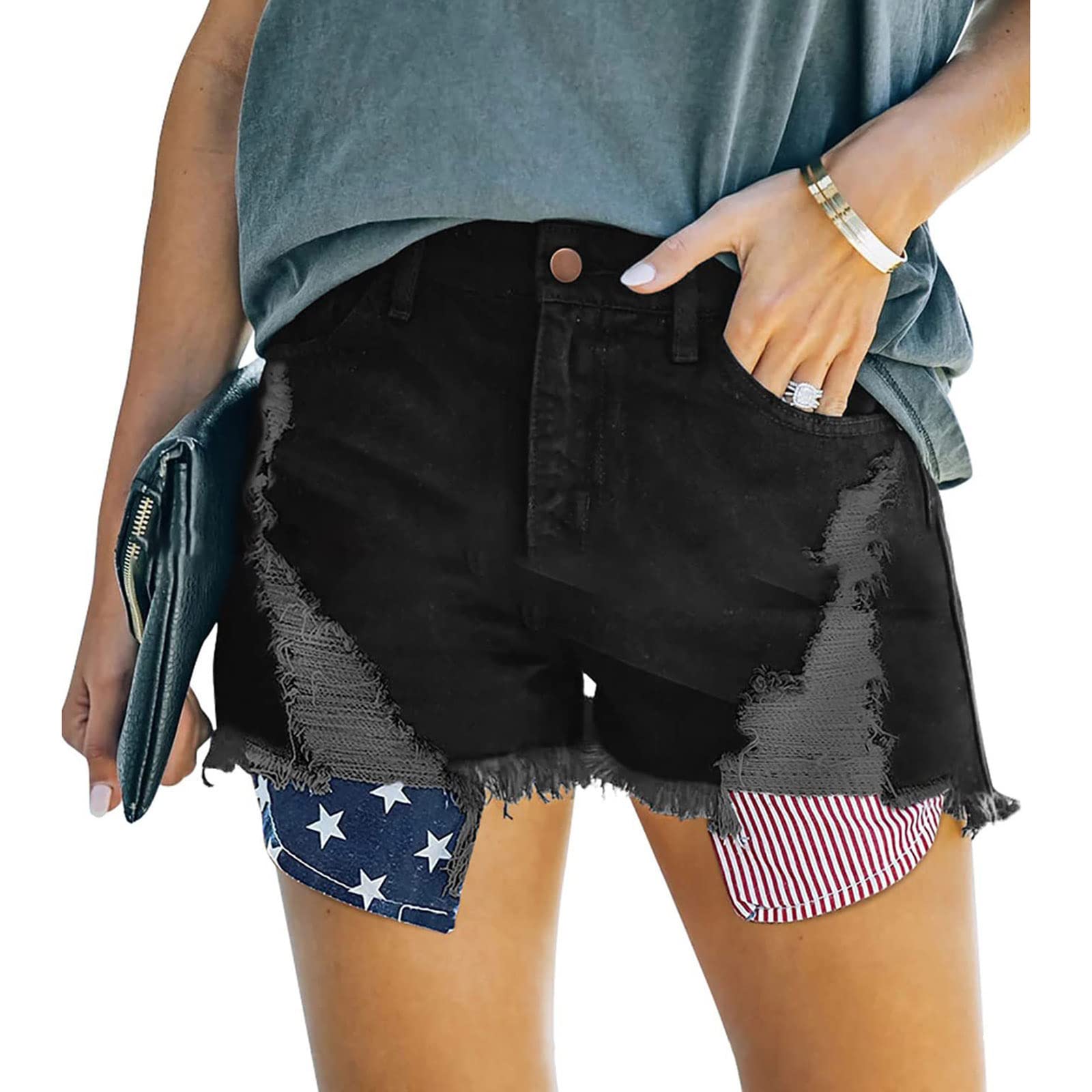 ZYAO Women's 4th of July Denim Shorts - Ripped Frayed Raw Hem American Flag Star Stripe Jean Shorts for Summer BBQ, Beach & Patriotic Events