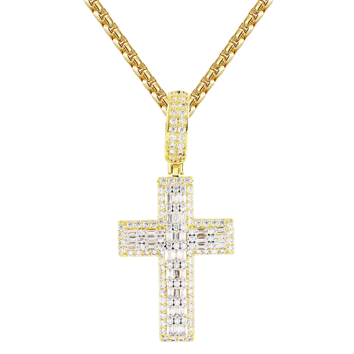 Sterling Silver 2 Row Baguette Holy Cross Pendant Necklace - Religious Jewelry for Men & Women - Perfect for Baptism, First Communion & Everyday Faith Wear
