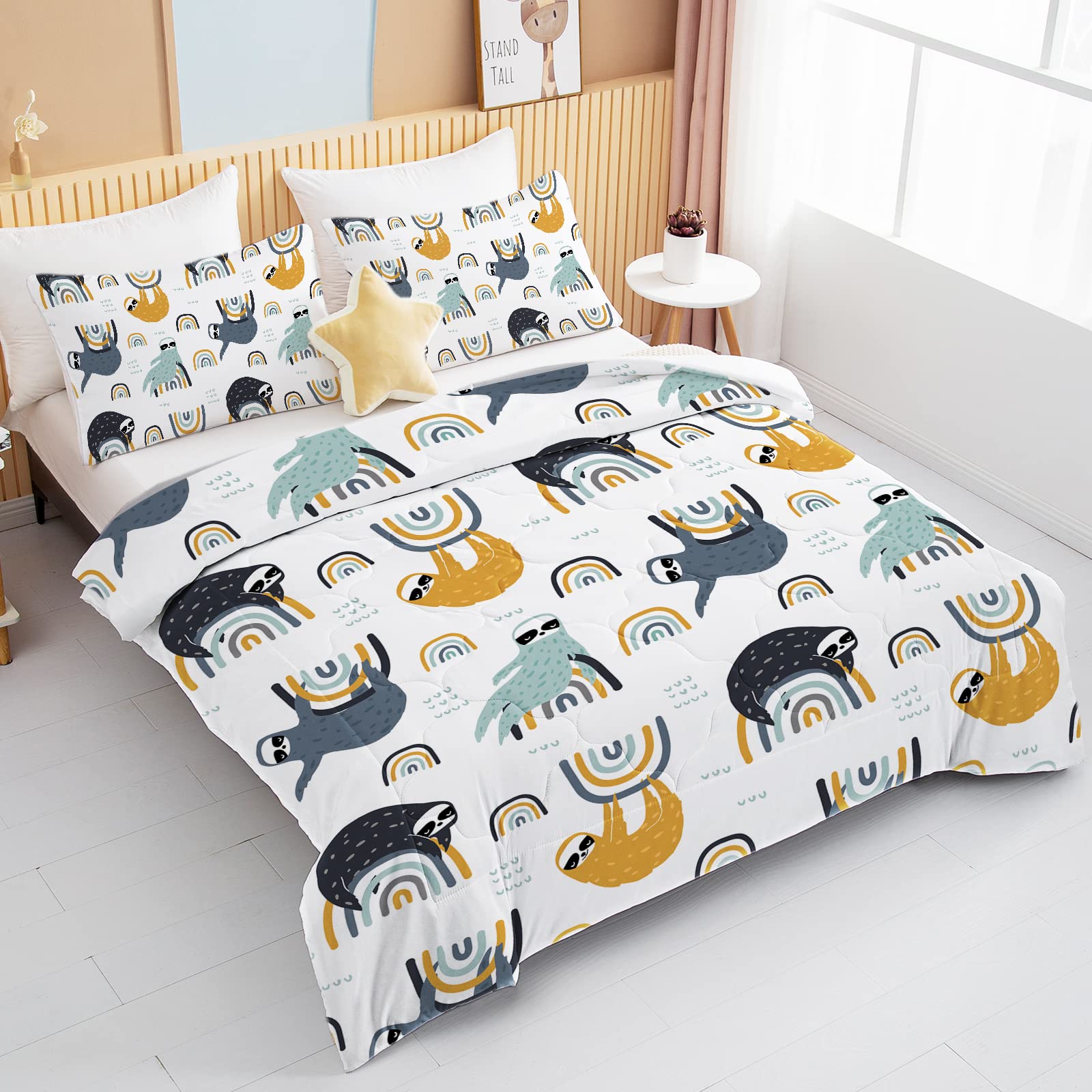 BEDMUST Kids Rainbow Comforter Set - 3 Piece Black & Yellow Animal Print Bedding with 1 Comforter & 2 Pillow Shams | Soft Twin/Full Size Bed Set for Boys & Girls Bedroom Decor