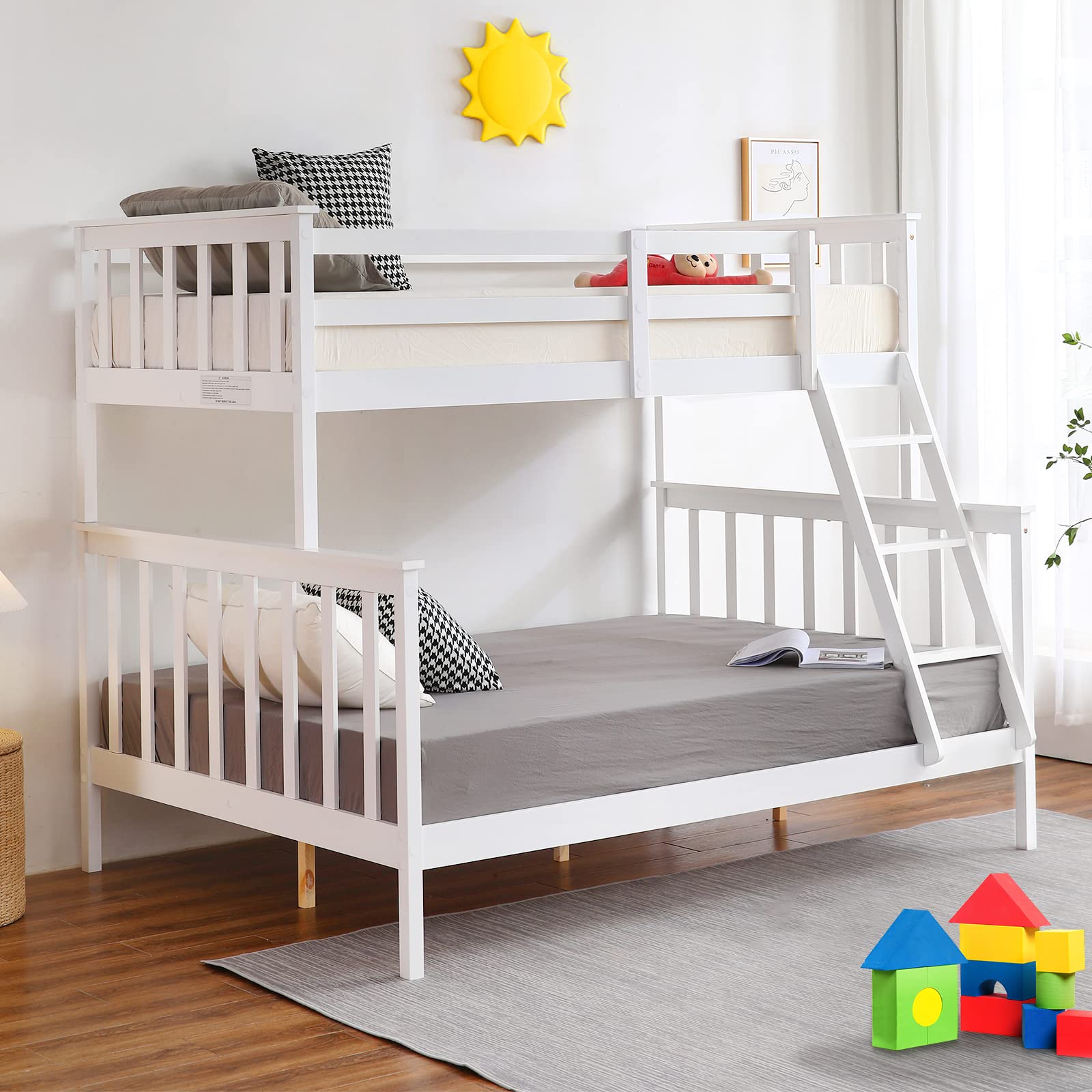 JOYMOR Twin Over Full Bunk Bed for Kids, Teens & Adults - Convertible Solid Wood Bunk Bed Frame with Ladder & Safety Guard Rail - Space Saving Bedroom Furniture for Small Rooms, Guest Rooms & Dorms (Mattress Not Included)
