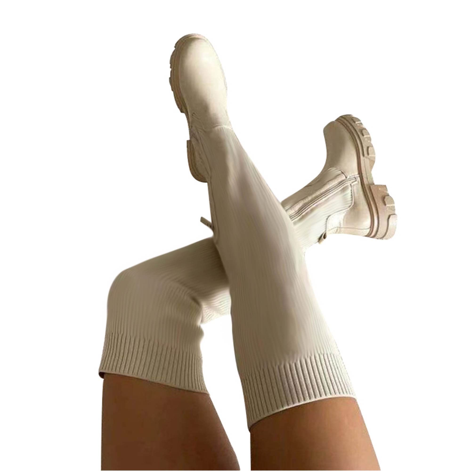 Women's Chunky Platform Knit Thigh High Boots - Round Toe Punk Style Stretch Long Boots for Winter Fashion & Casual Outfits