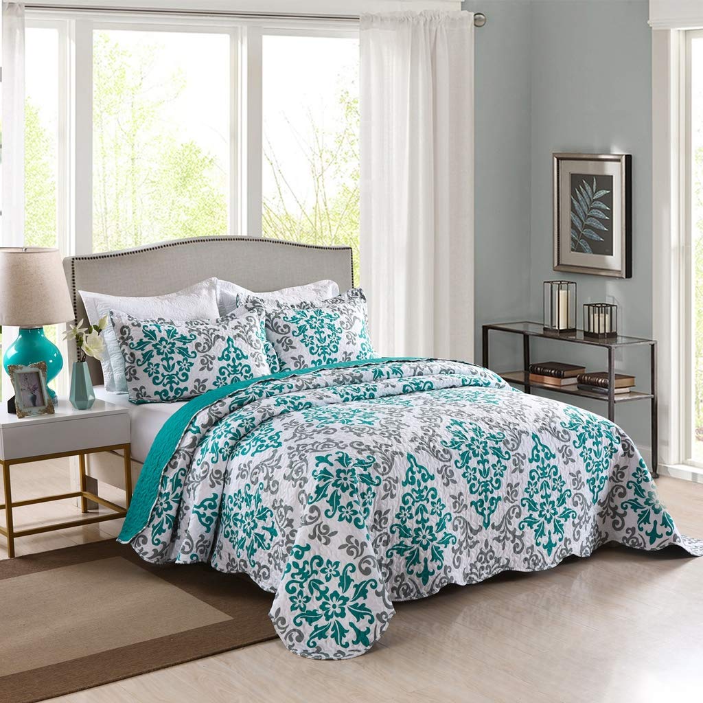 MarCielo 3-Piece Quilted Bedspread Set - Queen Size Lightweight Printed Coverlet & Throw Blanket in Turquoise Katrina Blue | Soft Bedding Ensemble for Master Bedroom, Guest Room & Cozy Home Decor