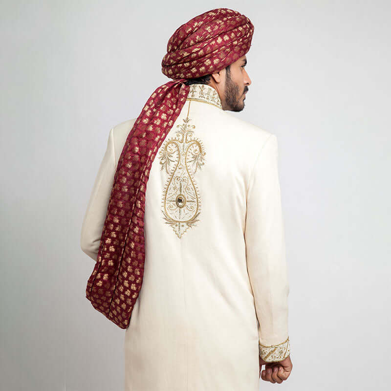 Exquisite Ivory Shux Sherwani with Handcrafted Zardozi Embroidery for Men | Traditional Indian Wedding Attire | Perfect for Groom Wear, Festive Occasions & Cultural Celebrations