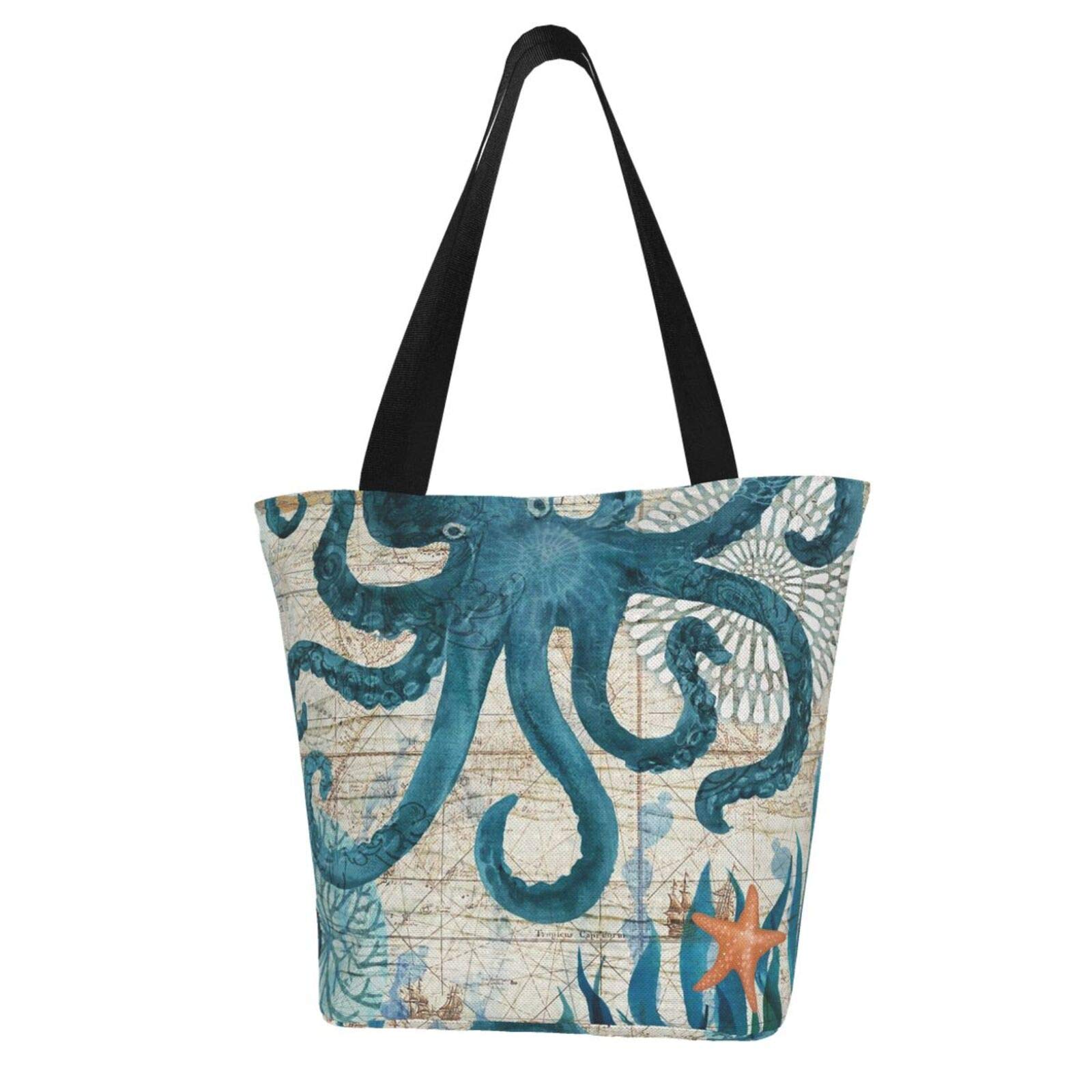 Ocean Animal Octopus Canvas Tote Bag for Women - Reusable Grocery Shopping Bag with Cute Print, Cotton Beach Tote, Perfect for Groceries, Beach Trips, Bridesmaid Gifts & Book Carrying