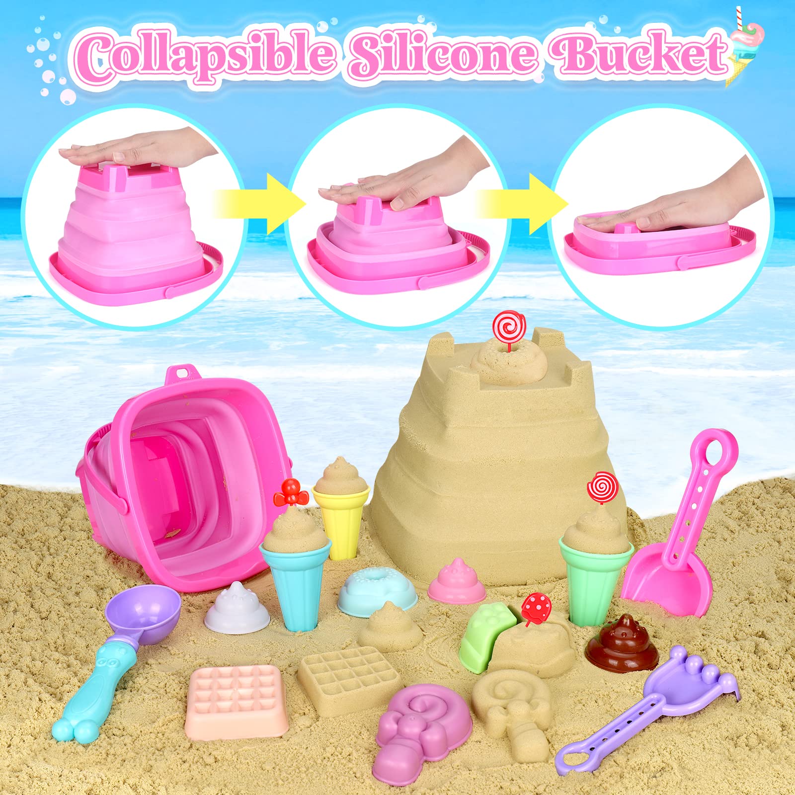Collapsible Beach Toys Set for Kids & Toddlers - Sand Bucket, Shovels, Mesh Bag & Molds - Portable Travel Sand Toys for Beach, Sandbox, Backyard - Perfect for Ages 3-10 (Boys & Girls) - Great for Summer Vacations, Outdoor Play & Sensory Development