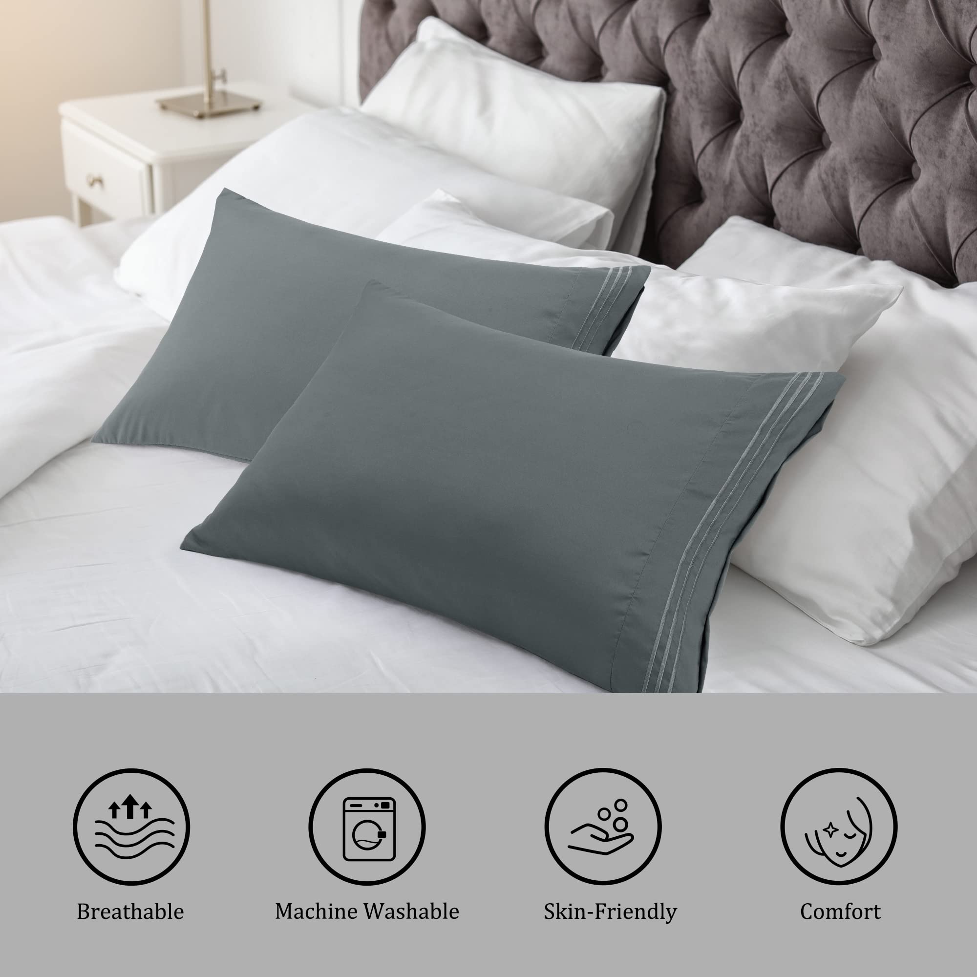 PiccoCasa Dark Gray Pillow Cases Set of 2 - Soft Breathable Travel Size Pillow Covers with Embroidery & Zipper Closure - Brushed Microfiber Pillowcases for Home, Hotel & Airplane Travel Accessories