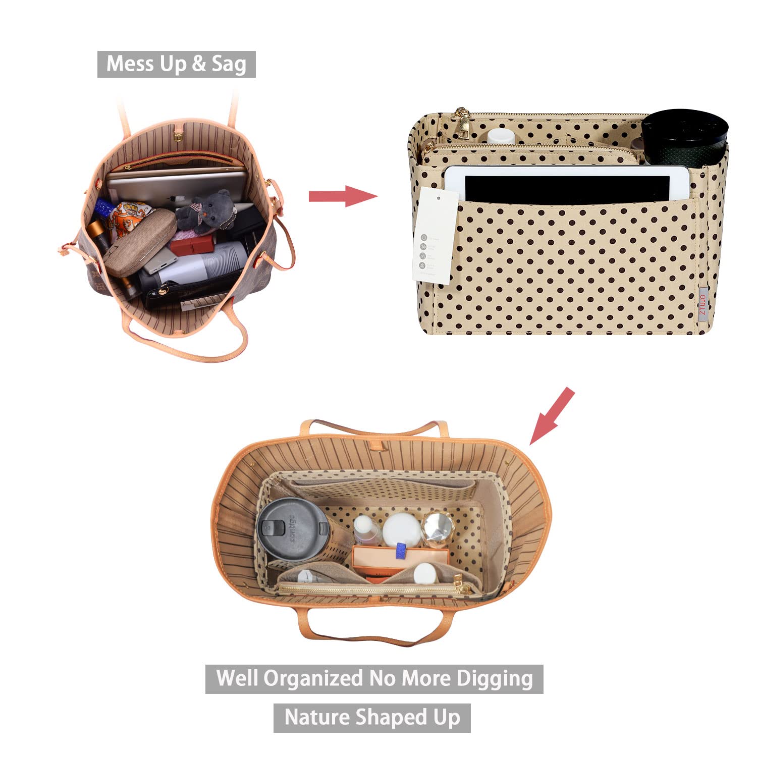 ZTUJO Felt Purse Organizer Insert for Louis Vuitton Speedy, Neverfull, Graceful & Tote Bags - Handbag Shaper & Storage Solution for Travel, Work & Daily Use