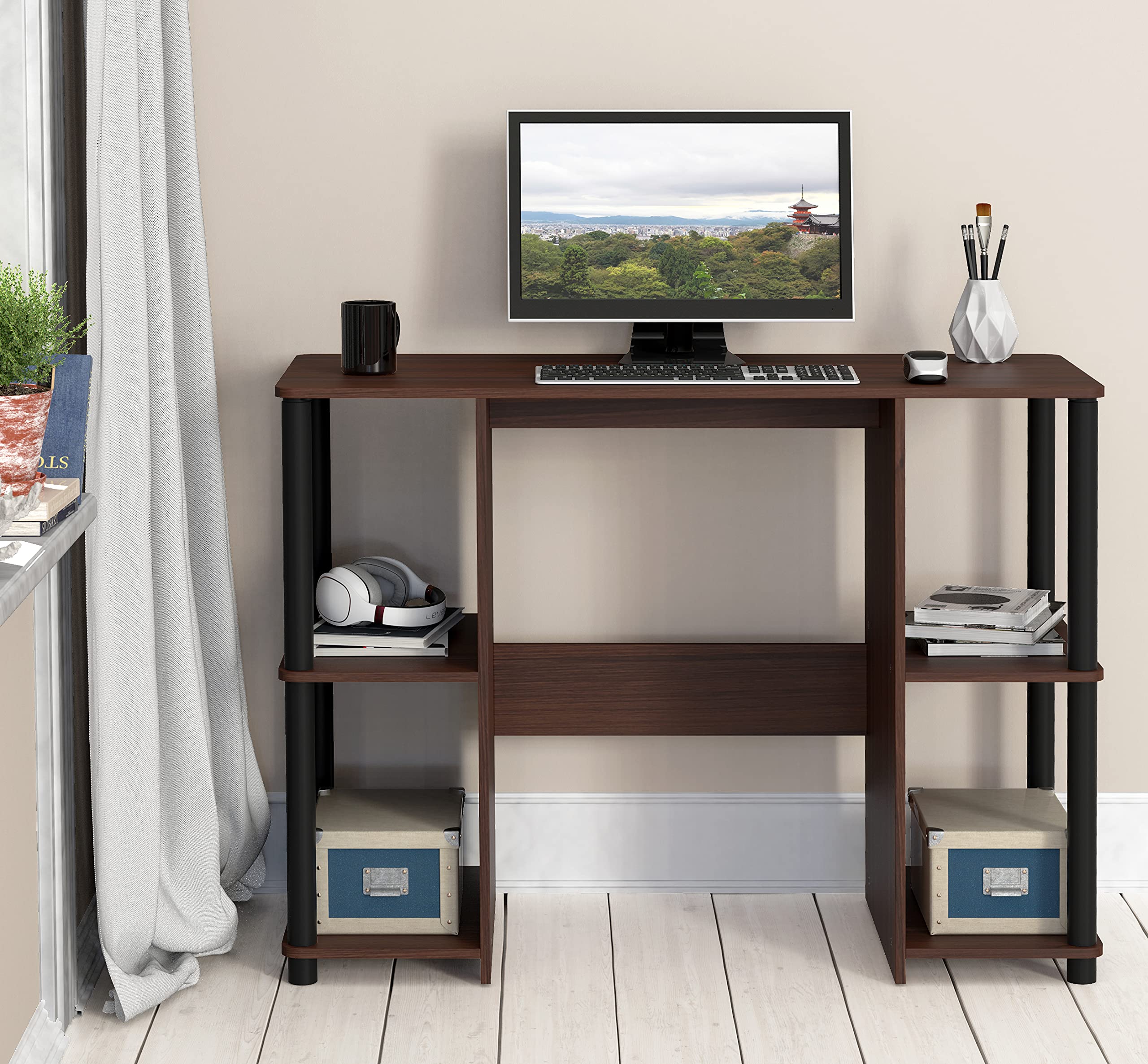 SHW Home Office Wood Desk with Double Sided Shelves - Cherry Finish Computer Writing Desk for Small Spaces, Study Room & Modern Workspaces