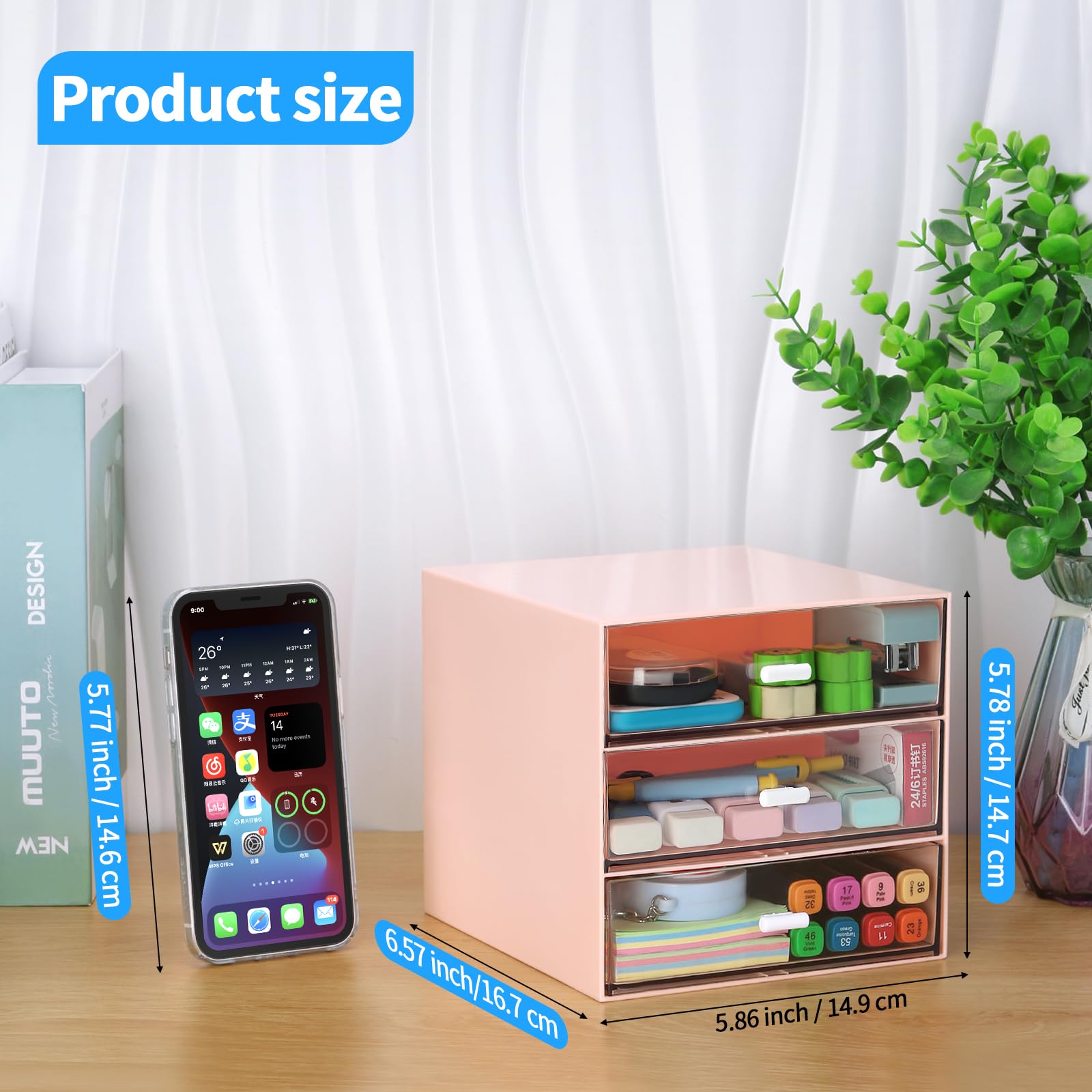 4-Drawer Clear Plastic Desk Organizer - Pink Office Storage Box for Pens, Pencils, Markers & Supplies | Perfect for Home Office, School & Workspace Organization