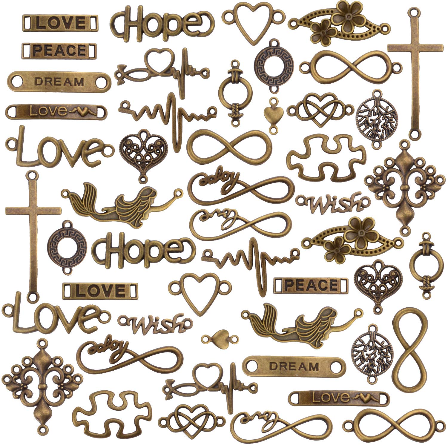50Pcs Mixed Word Letter Connector Charms - Antique Bronze Infinity Symbol Pendants for DIY Jewelry Making (Necklace/Bracelet) - Perfect for Handmade Gifts, Friendship Jewelry & Craft Projects