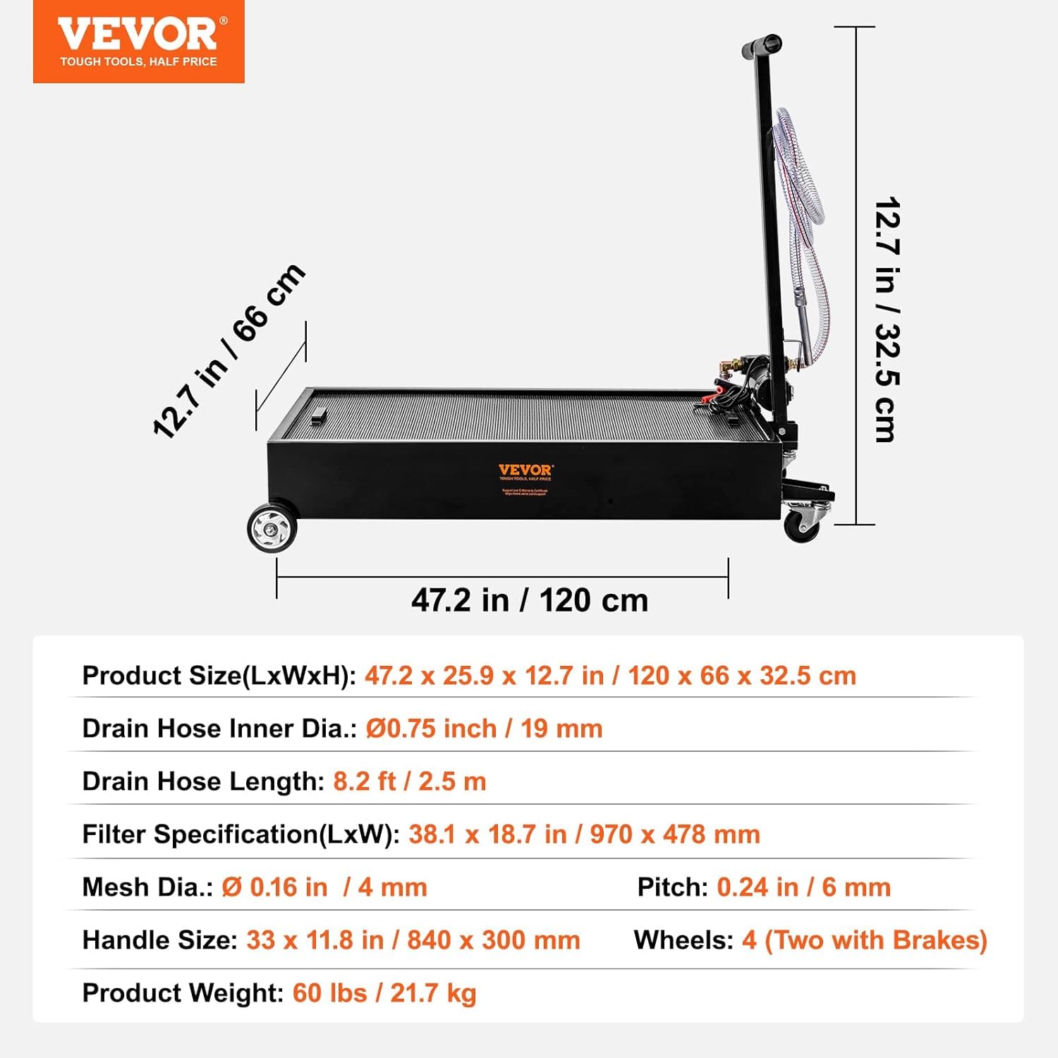 VEVOR 20 Gallon Low Profile Oil Drain Pan with Electric Pump - 8.2ft Hose & Folding Handle - Rolling Oil Drain Cart for Trucks, Buses, RVs - Perfect for DIY Oil Changes and Professional Garage Use