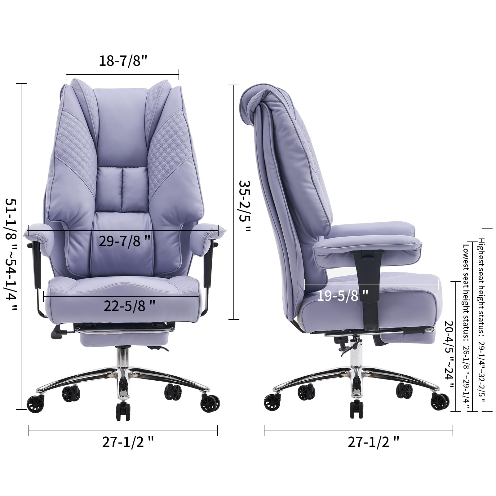 Big and Tall Office Chair 400lbs Capacity - Wide Seat Leather Executive Chair with Adjustable Footrest & Lumbar Support - Ergonomic High Back Desk Chair for Back Pain Relief (Light Purple) - Perfect for Home Office, Gaming, and Long Work Sessions