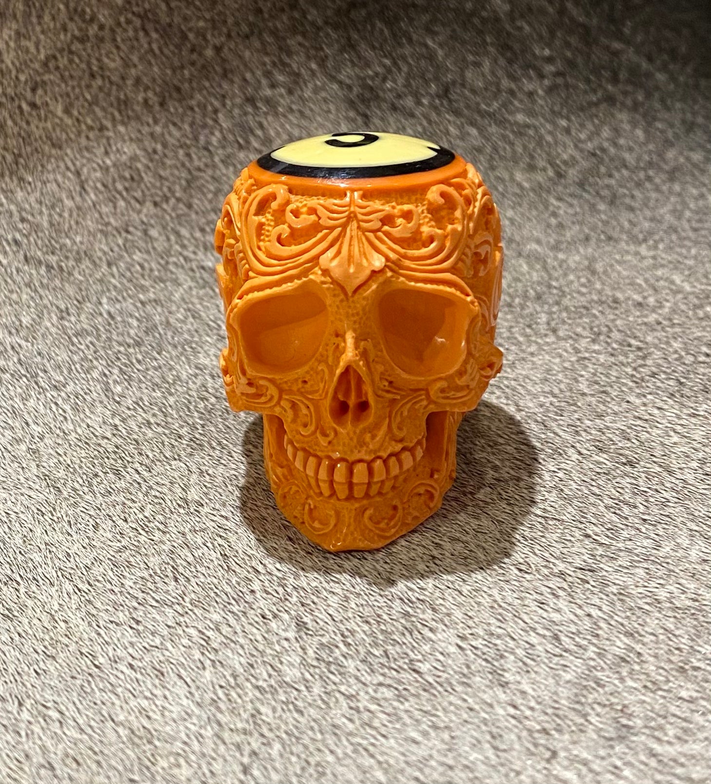 Hand Carved Flower Pool Ball Skull #5 - Unique Billiard Accessory for Game Room Decor & Halloween Party Props