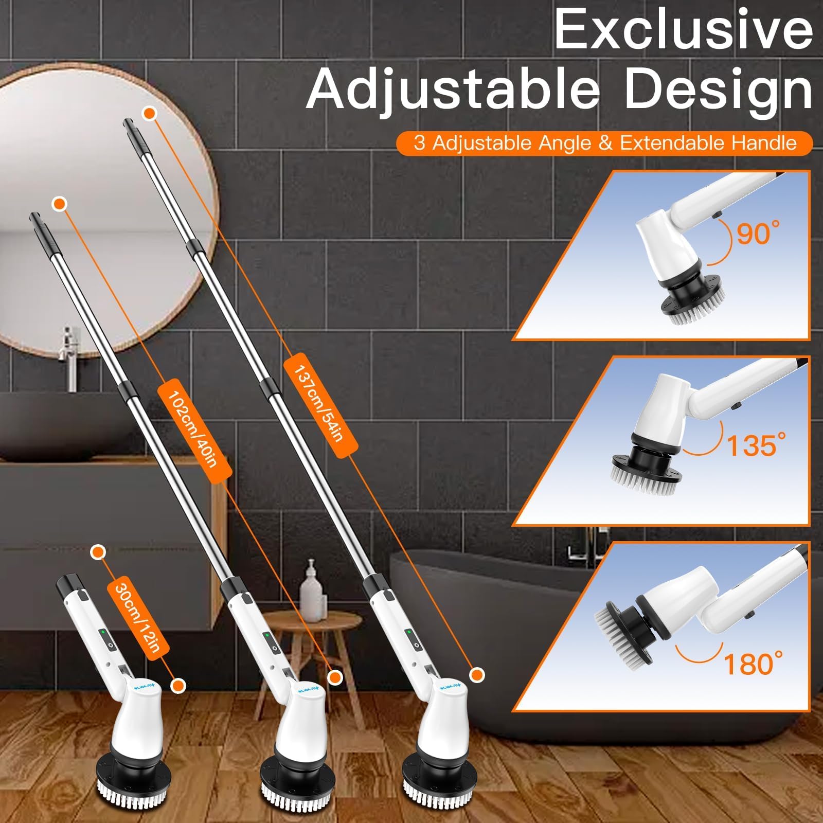 420RPM Electric Cleaning Brush with 7 Replaceable Heads & Adjustable Handle - Powerful Rotary Scrubber for Bathroom, Kitchen, Tile, Floor, Car Detailing - Deep Clean Grout, Sinks, Showers & Hard-to-Reach Areas