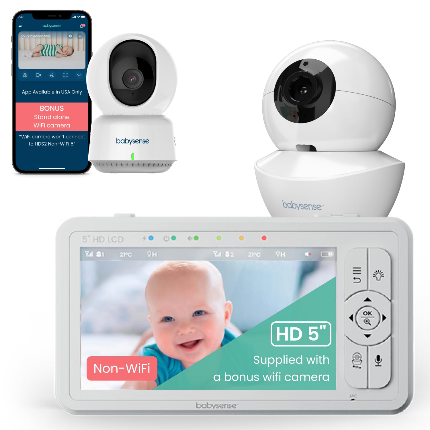 Babysense HDS2 Non-WiFi 5” HD Baby Monitor with Camera & Audio | Bonus WiFi Camera with App for Remote Viewing | Nursery, Home Security & Travel Use