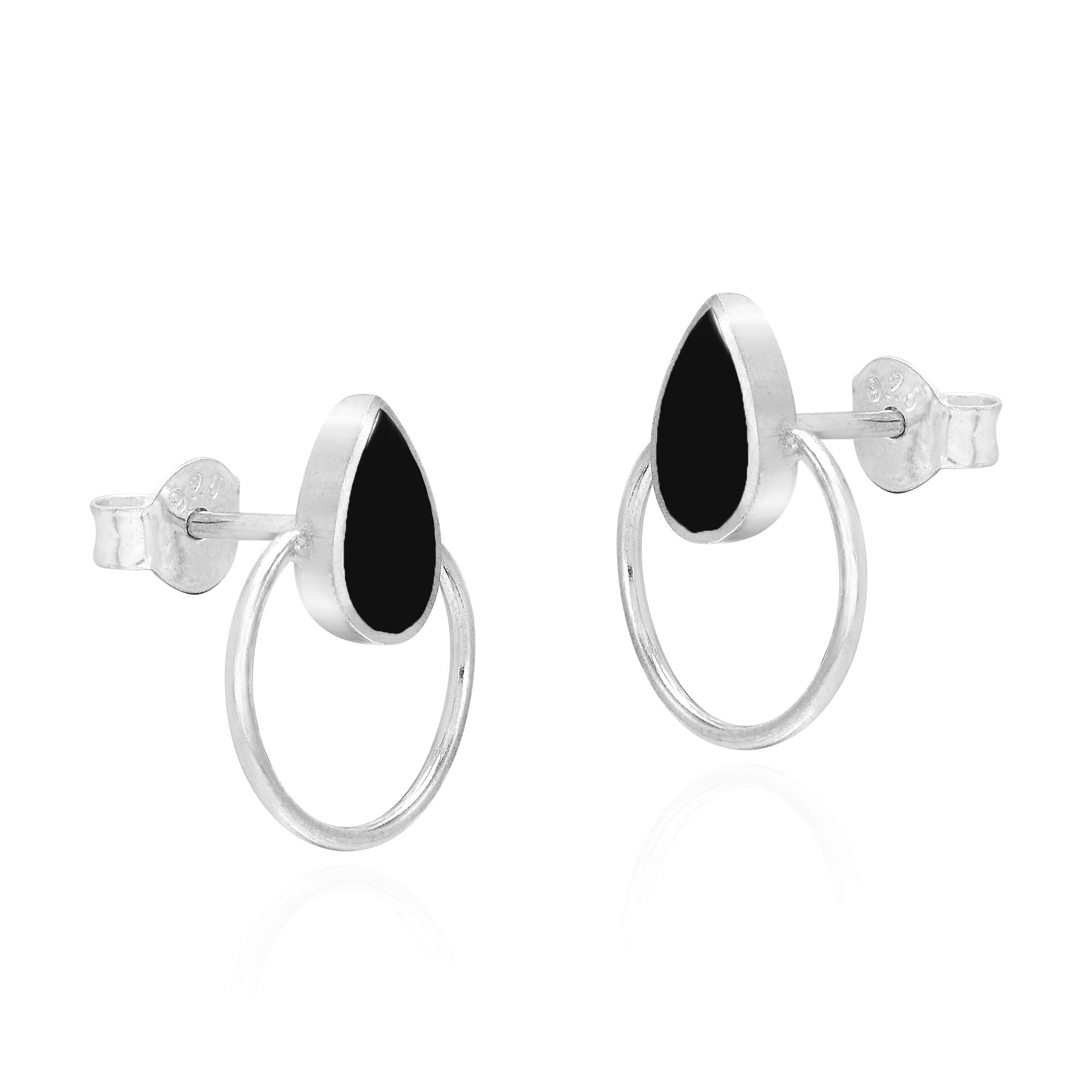 AeraVida .925 Sterling Silver Teardrop Stud Earrings with Simulated Black Onyx Inlay | Elegant Circle Stud Earrings for Women | Perfect for Parties, Weddings & Everyday Wear | Hypoallergenic Jewelry Gift