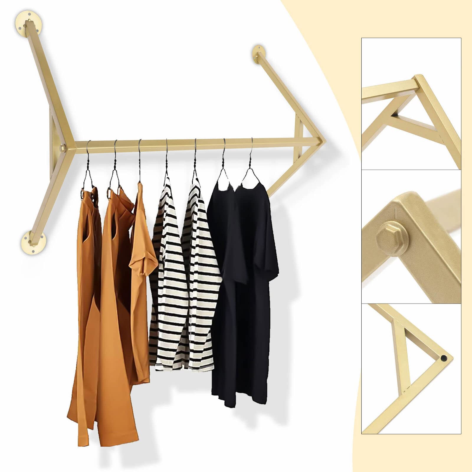 TFCFL Wall-Mounted Clothing Rack - Heavy Duty Metal Garment Display Rack for Stores & Homes - Gold Hanging Clothes Rod with Towel Bar - Perfect for Retail Shops, Bedrooms & Bathrooms