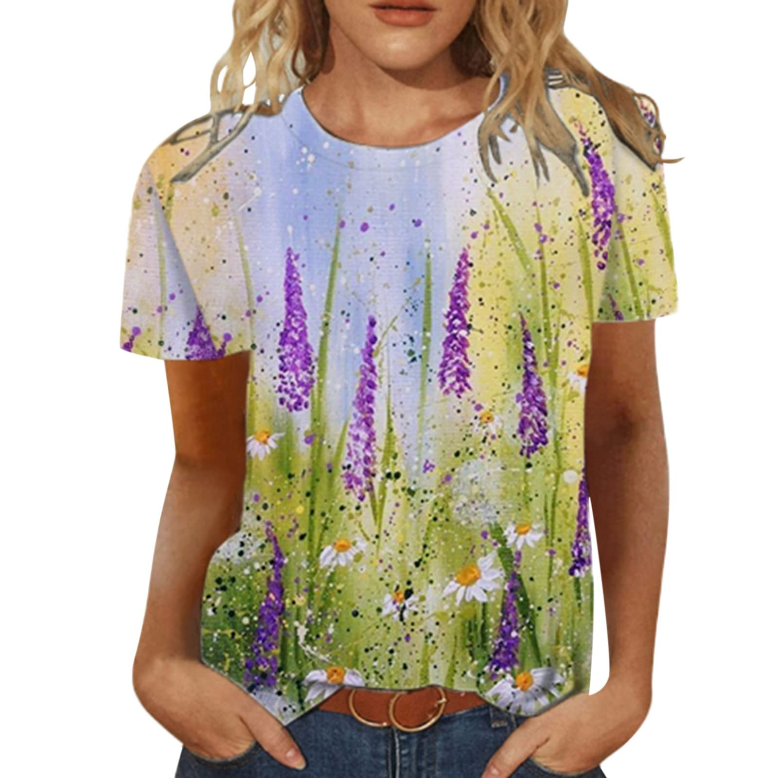 Women's Fashion Printed Short Sleeve O-Neck Blouse - Summer Lace Tops for Casual Wear, Office & Date Night Outfits