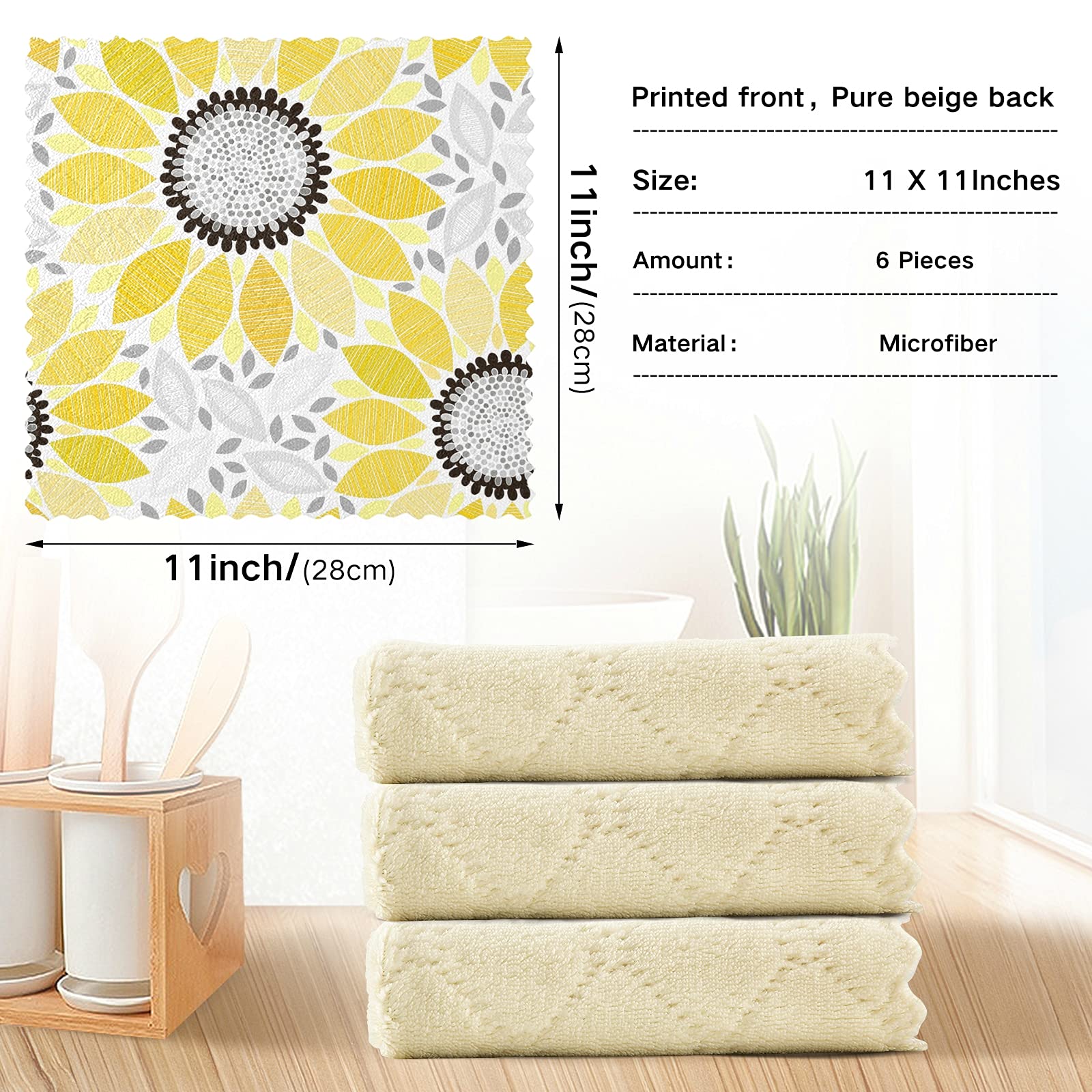 SUABO Sunflower Printed Kitchen Towels - 6 Pack Reusable Dish Cloths & Cleaning Rags | Absorbent & Durable for Washing Dishes, Drying Hands & Kitchen Cleaning