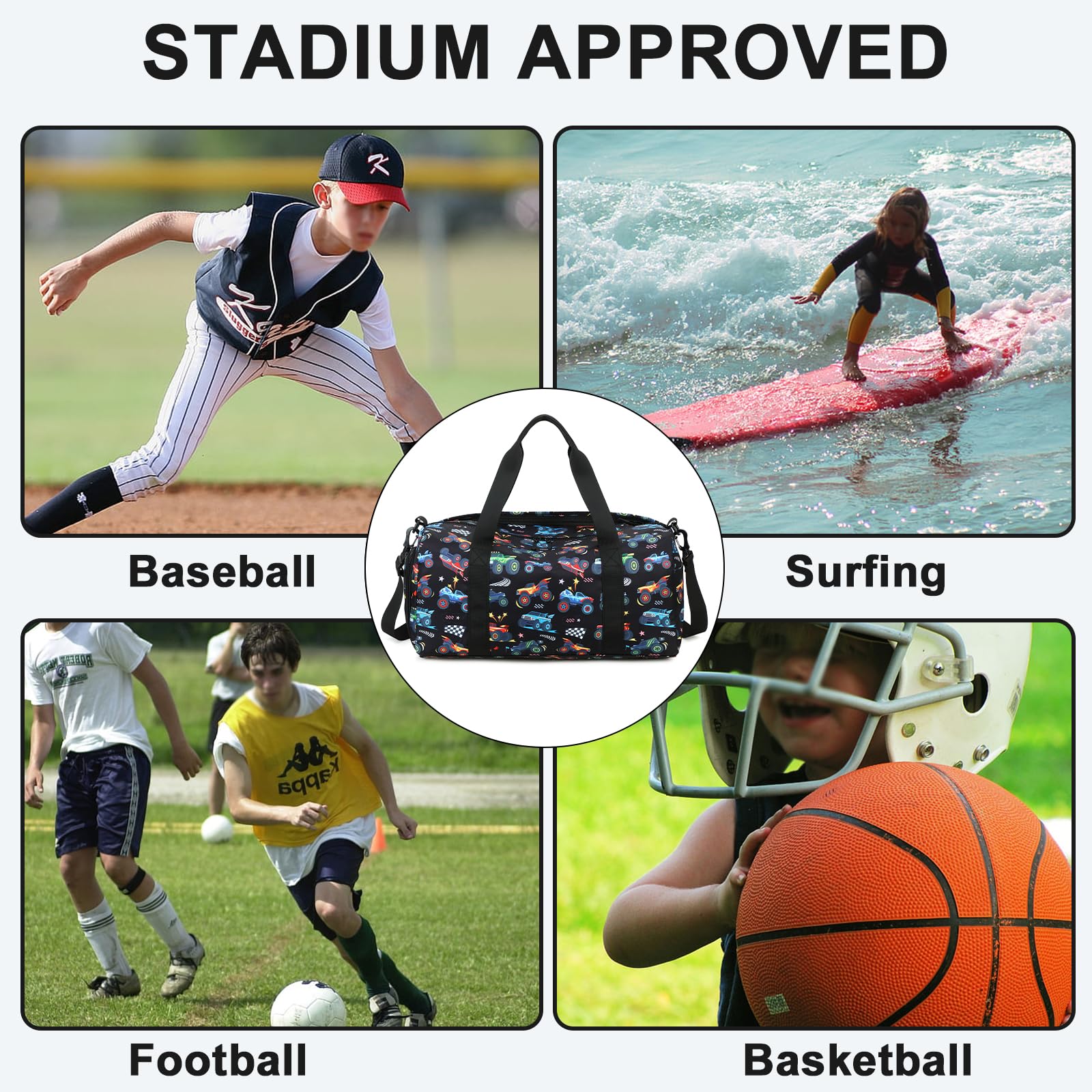 BTOOP Kids Overnight Duffle Bag for Boys - Soccer Sports Gym Bag with Shoe Compartment, Toddler Weekender Travel Backpack for Sleepovers, School & Sports (Truck-Black) - Perfect for Weekend Trips, Soccer Practice & Sleepover Parties