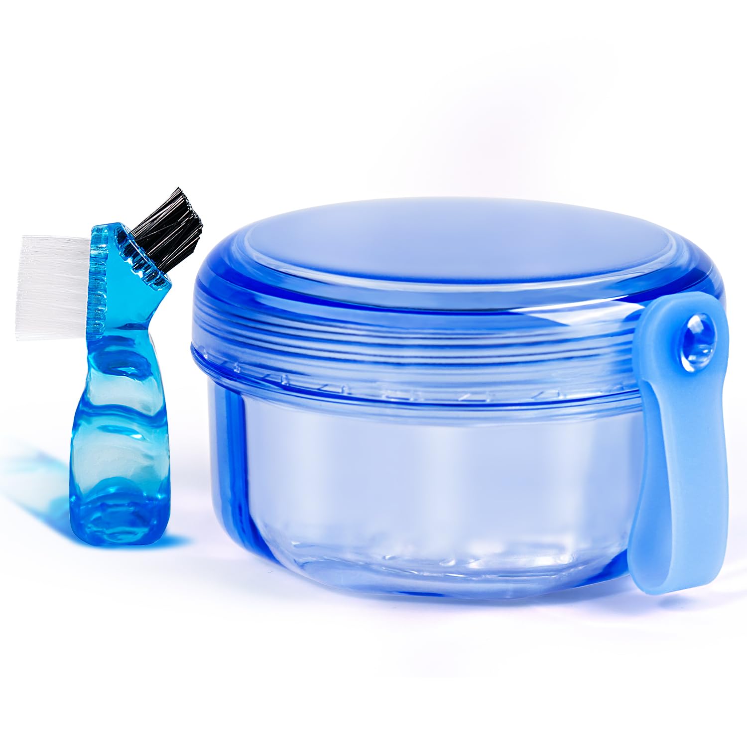 Leak Proof Portable Denture Bath Case - Denture Cleaning Cup & False Teeth Holder, Night Guard & Retainer Soaking Container Box for Travel, Home & Office - Transparent Blue - Perfect for Daily Oral Care & Travel Hygiene