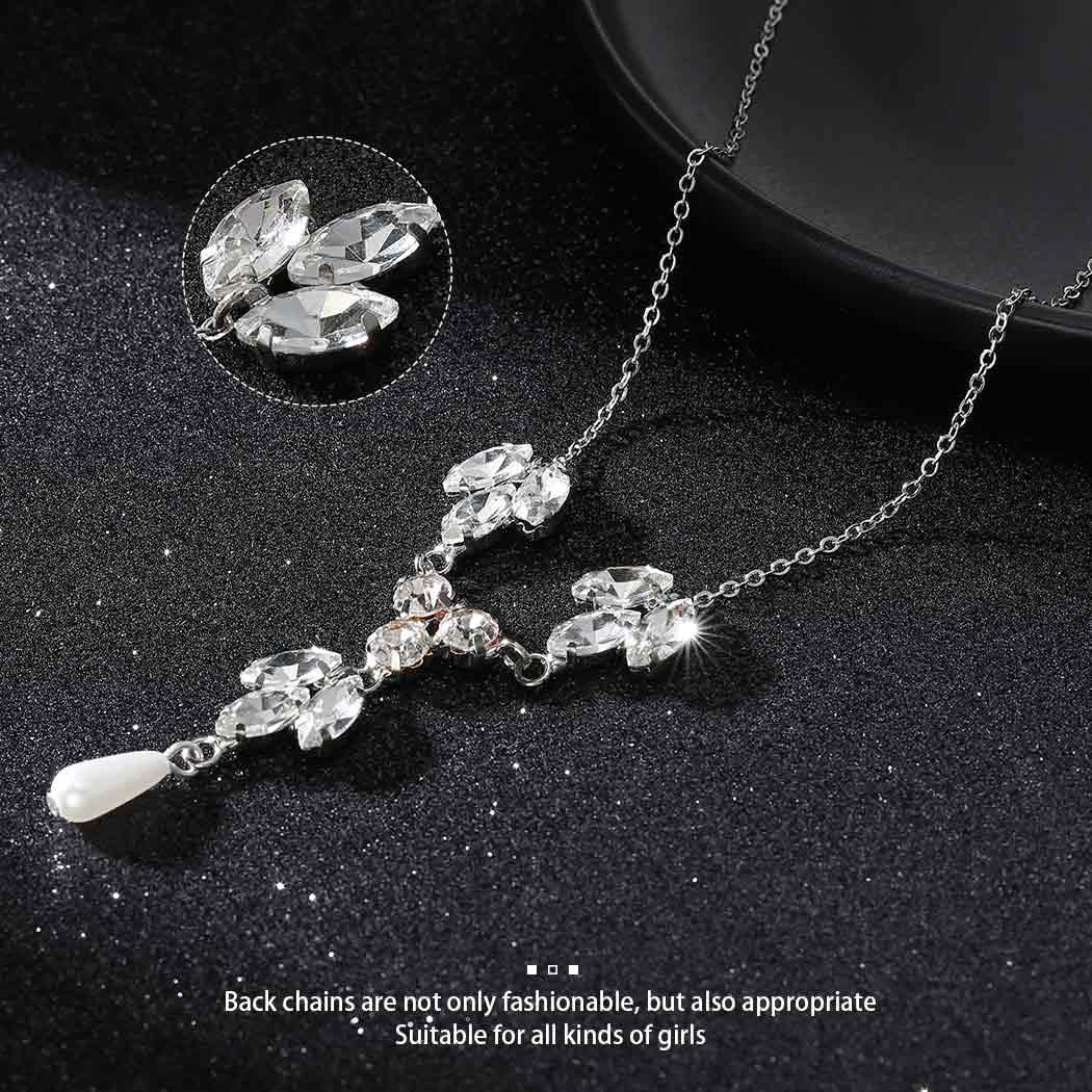 Elegant Wedding Crystal Necklace with Pearl Accents & Silver Drop Back Body Chain for Women - Perfect for Bridal, Evening Gowns, and Special Occasions
