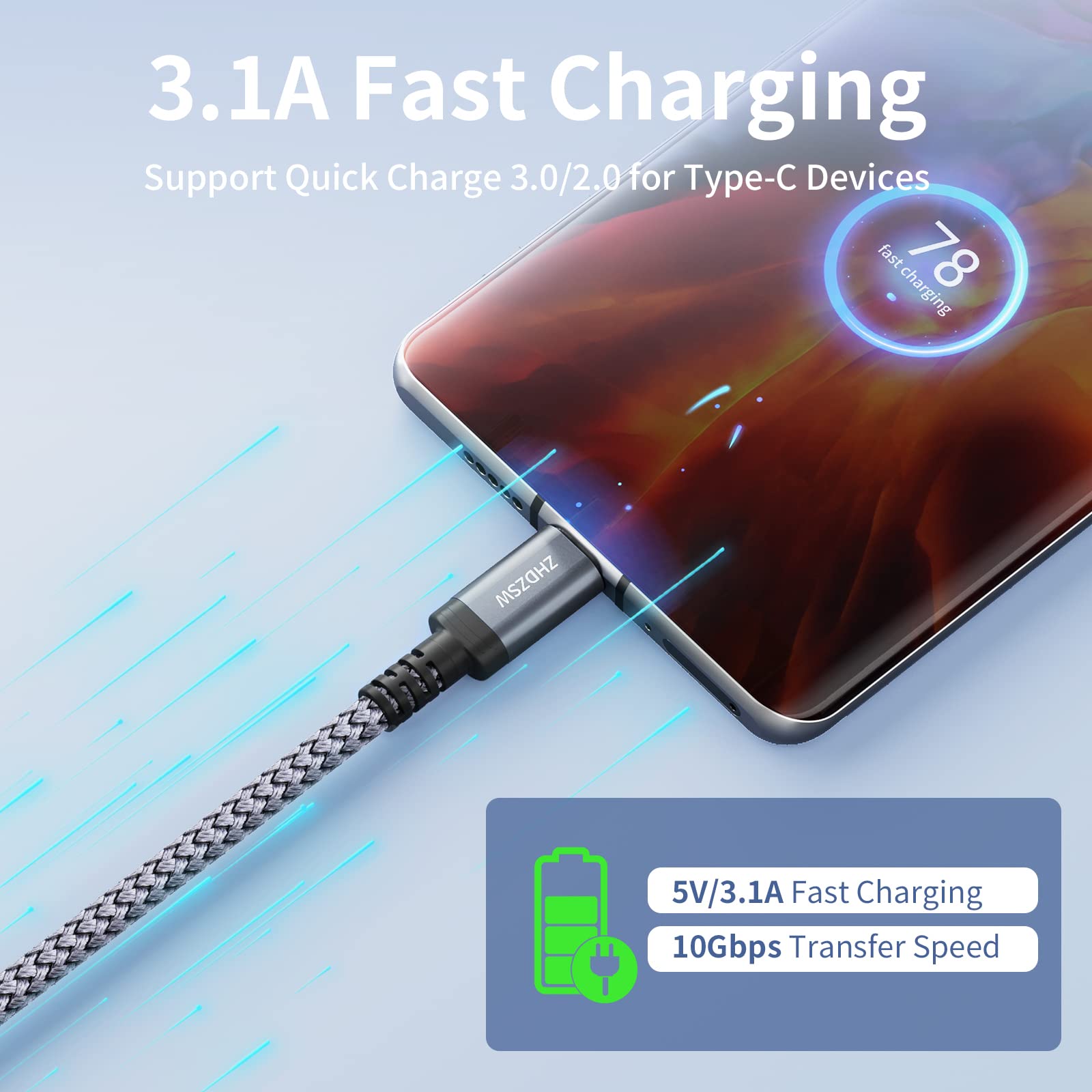 Kiuet 0.2M USB A to USB 3.1 Gen 2 Cable - 10Gbps High Speed Data Transfer & 3.1A Fast Charging - Compatible with Samsung Galaxy S23/S22/S21, External SSD (SanDisk Extreme, Crucial X8, WD) & Android Auto - Perfect for Gaming, File Backup & Car Charging
