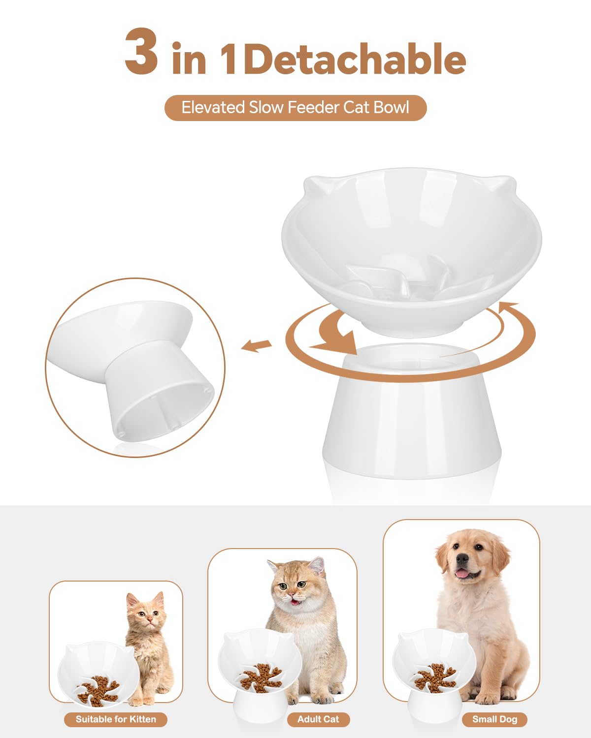 Detachable Elevated Slow Feeder Cat Bowl - 7 Inch Large Extra Wide Anti-Vomiting Pet Food Dish with Adjustable Height for Cats & Small Dogs - Perfect for Whisker Fatigue Relief & Digestion Aid During Mealtime