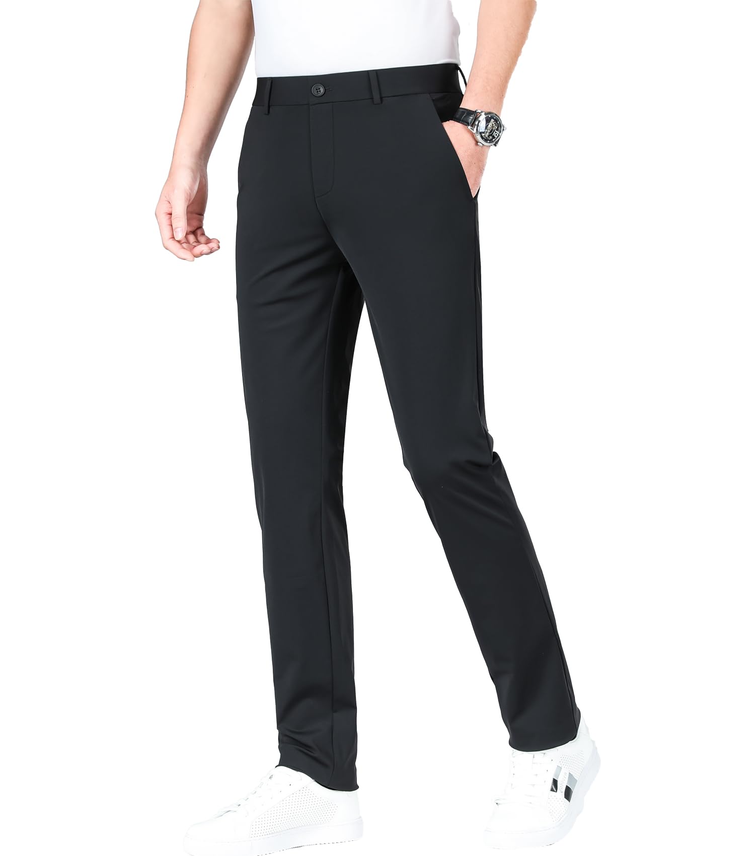 LUSHENUNI Men's Slim Fit High Stretch Golf Pants - Breathable Ice Silk Dress Pants with Adjustable Waistband for Golfing, Office & Casual Wear