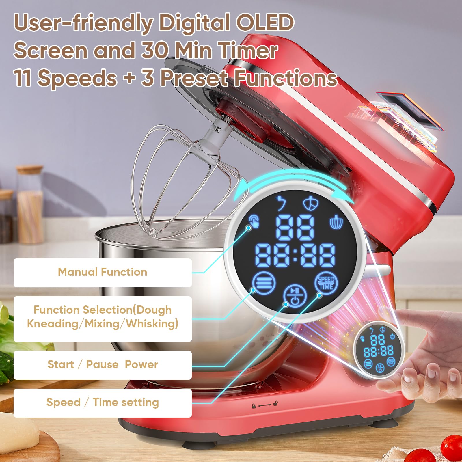 BioloMix 1200W Stand Mixer with 11-Speed Tilt Head & Digital OLED Screen - Includes Dough Hook, Flat Beater, Whisk (Red) - Perfect for Baking Cakes, Cookies, Bread & More in Your Kitchen
