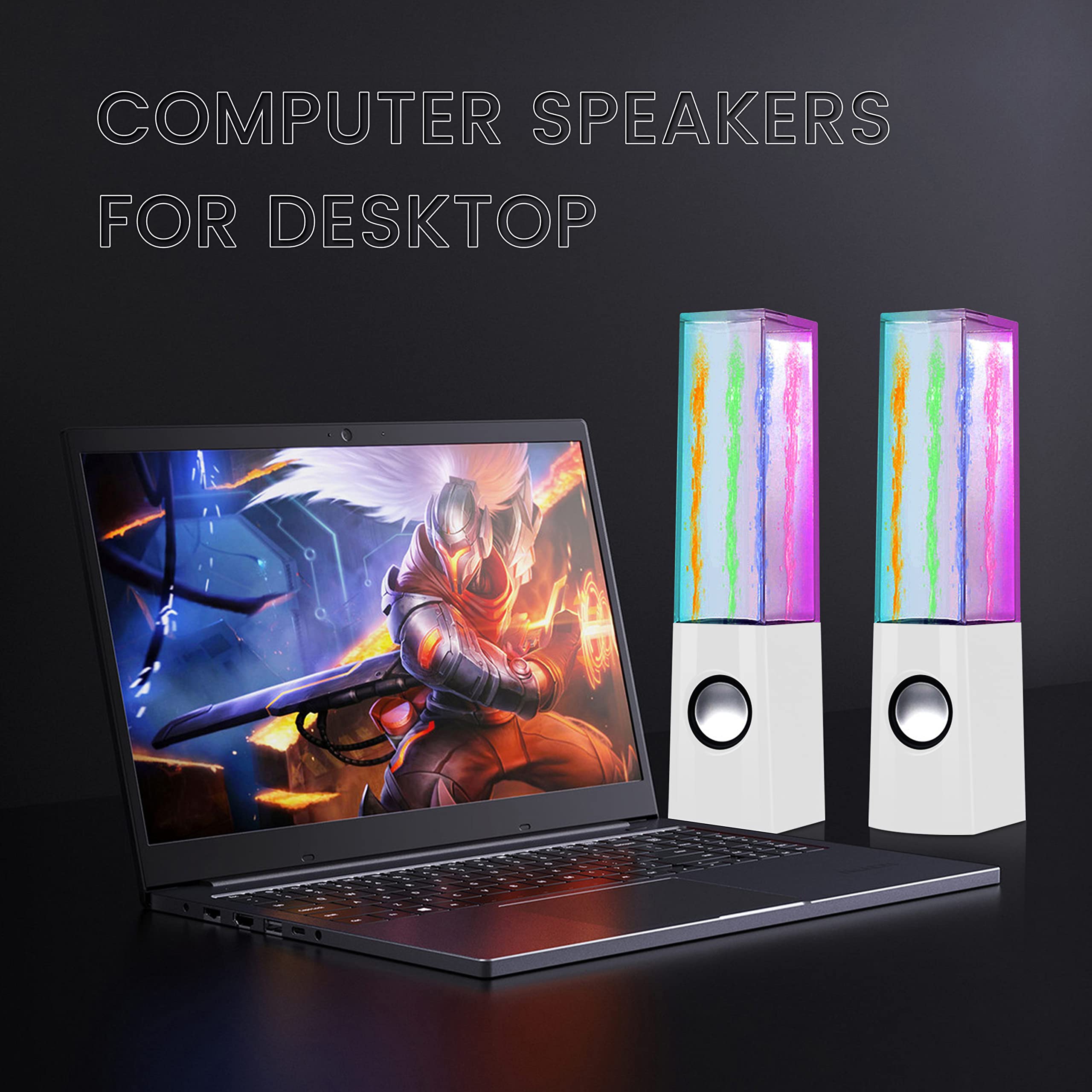 USB LED Color Computer Water Speakers with Dancing Fountain Light Show, 3.5mm Interface, White - Perfect for Laptop, Desktop, and Home Entertainment Setup