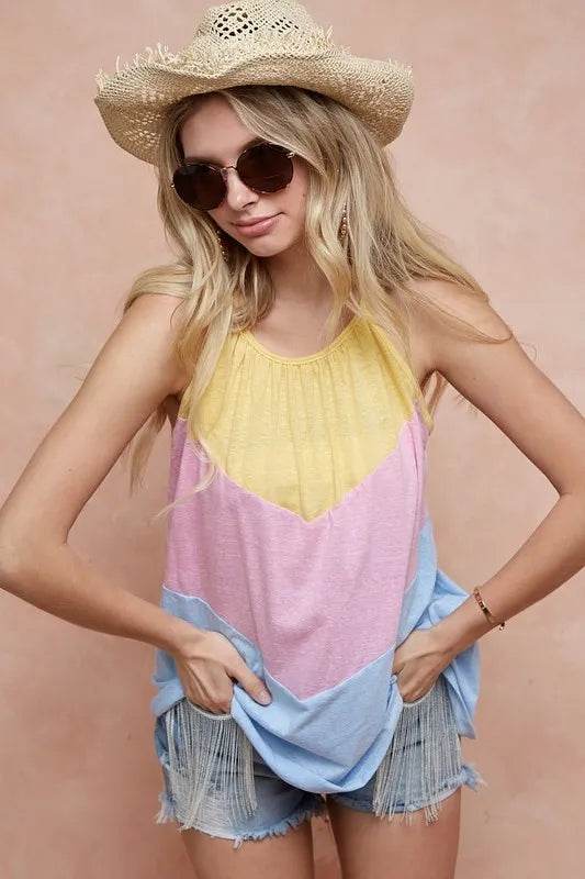 BiBi Triblend Knit Color Block Halter Neck Top - Women's Fashion Casual T-Shirt for Summer, Beach & Party Outfits