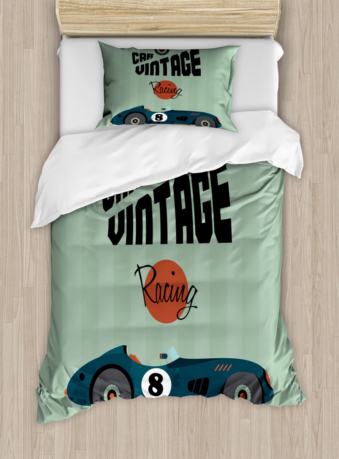 Ambesonne Vintage Car Duvet Cover Set - Classic Racing Sports Theme Bedding, 2 Twin Size Duvet Covers & 2 Pillowcases, Reseda Green & Petrol Blue - Perfect for Kids' Rooms, Car Enthusiasts & Themed Bedrooms