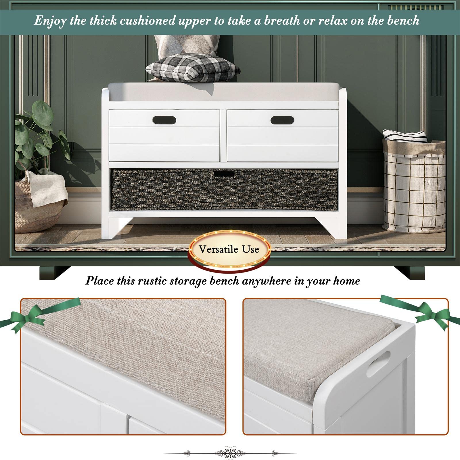 JINS&VICO Entryway Storage Bench with Removable Basket & 2 Drawers, Shoe Bench with Cushion for Hallway, Living Room - White (Ready-to-Use, Perfect for Small Spaces & Home Organization)
