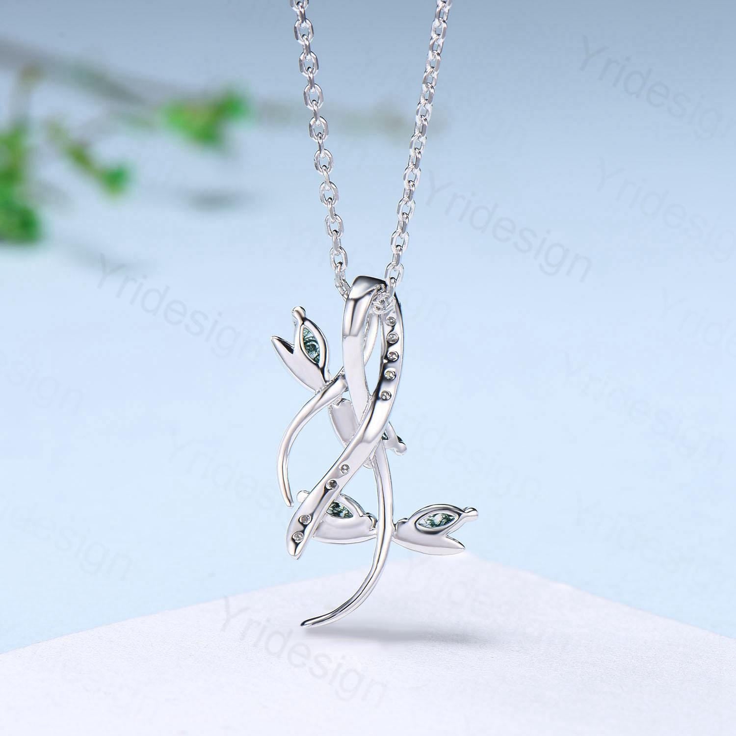 Nature Inspired Moss Agate Necklace - Unique Marquise Green Agate Pendant with Dragonfly Charm | Elegant Women's Jewelry for Anniversary Gifts, Birthday Presents & Special Occasions | Perfect for Weddings, Date Nights & Everyday Wear