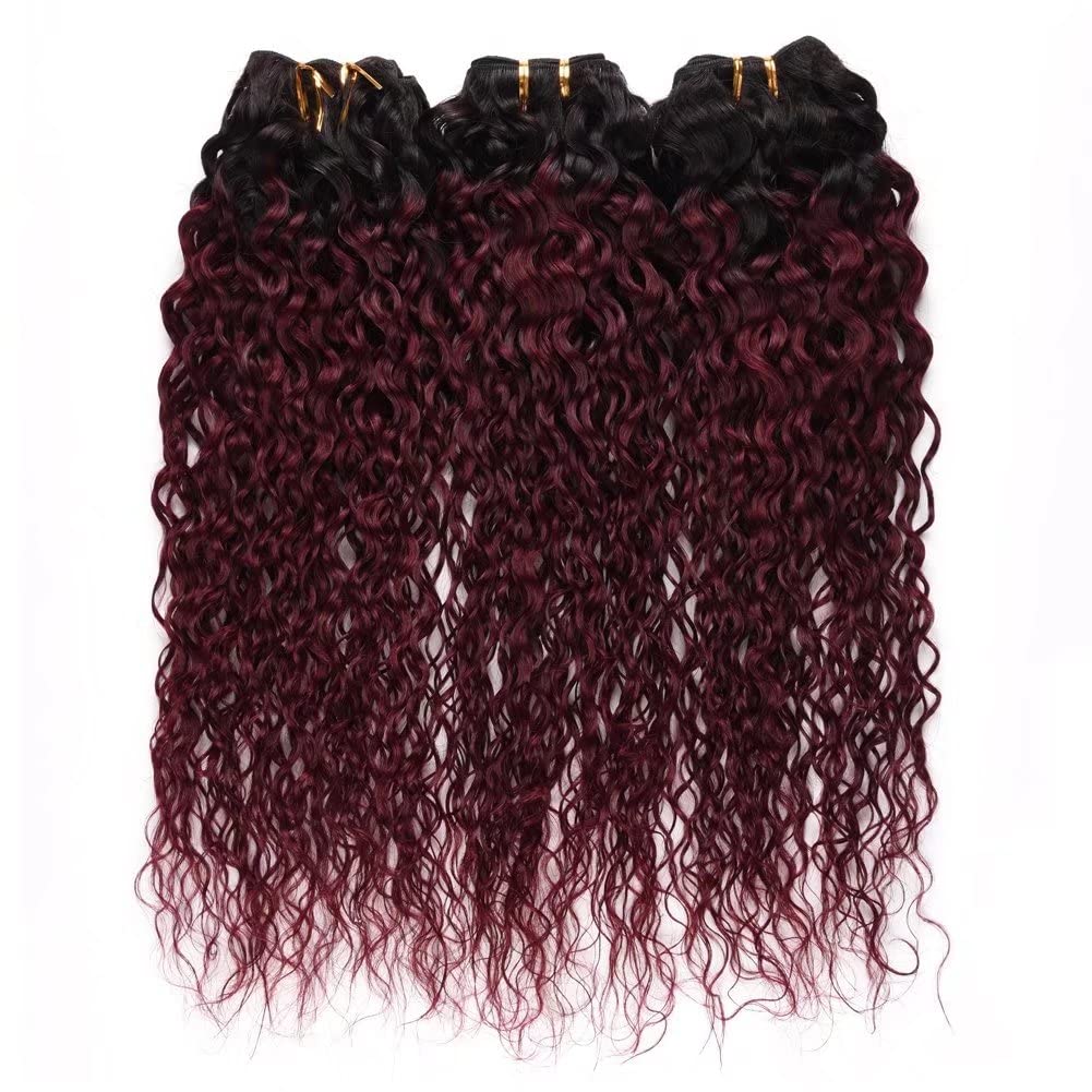 3Pcs Water Wave Ombre Human Hair Bundles 1B/99J Black to Burgundy Brazilian Virgin Hair Extensions (18 20 22 Inch) - Perfect for Sew-in, Clip-in, or Ponytail Styles for Daily Wear & Special Occasions