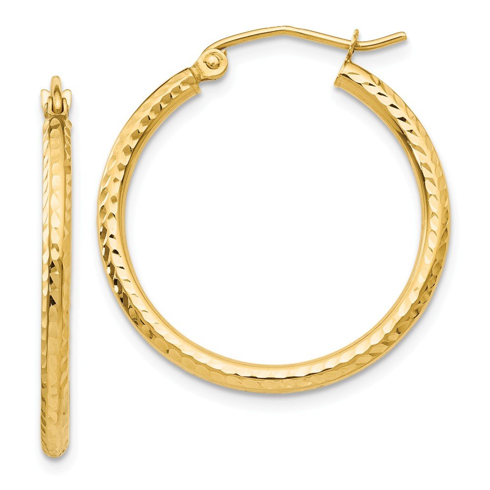 14K Yellow Gold Diamond-Cut 2mm Round Tube Hoop Earrings for Women - Classic Dainty Everyday Jewelry for Work, Date Night & Special Occasions