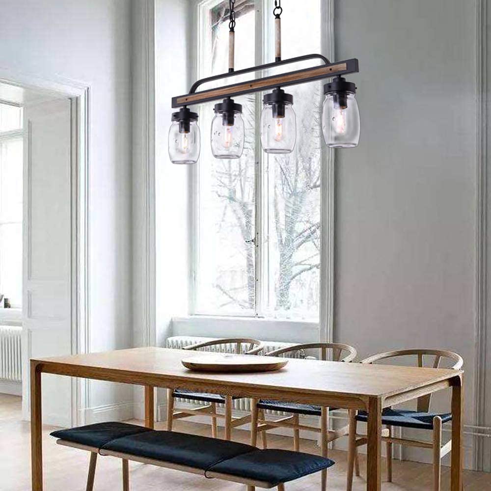 Wellmet Farmhouse Dining Room Chandelier - Black Mason Jar Pendant Light with Faux Wood & Glass Shade | Rustic Linear Cluster Hanging Fixture for Kitchen Island, Dining Table, Restaurant, Cafe & Country Home Decor