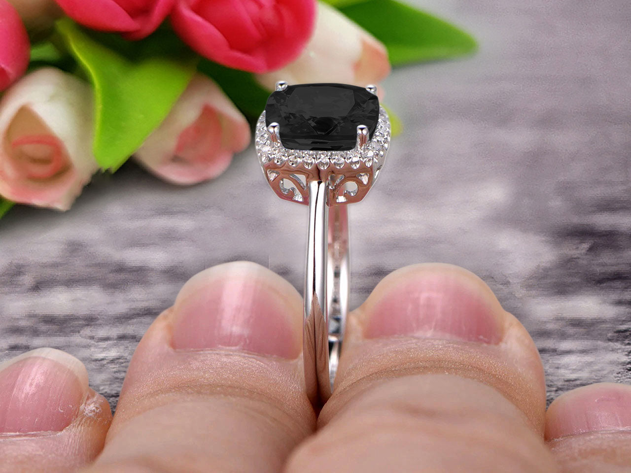 1.25 Carat Cushion Cut Black Diamond & Moissanite Engagement Ring in 10K White Gold with Halo Setting - Perfect for Proposals, Anniversaries & Wedding Bands