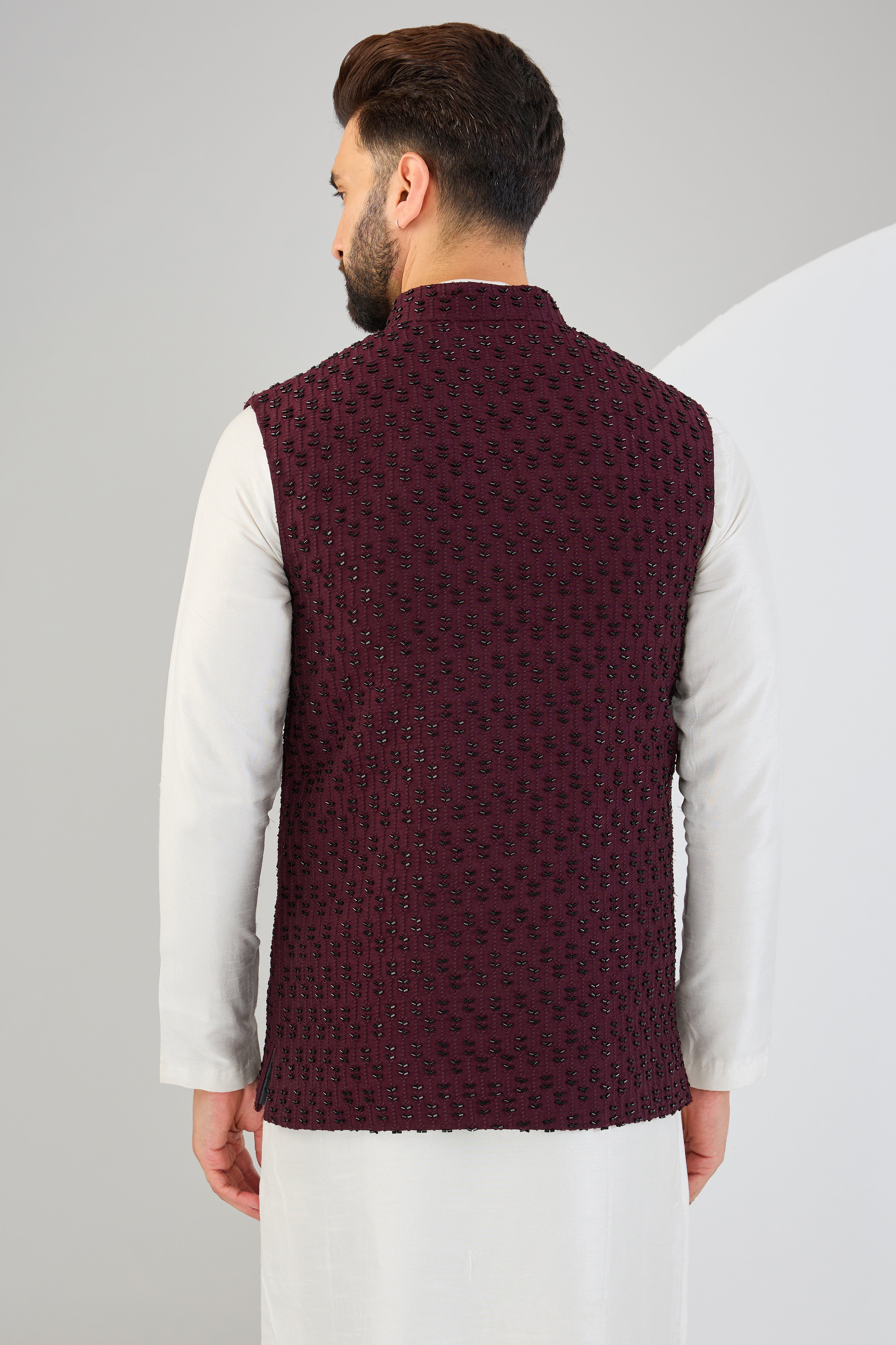 Elegant Maroon Nehru Jacket with Intricate Cut Dana Embroidery - Perfect for Weddings, Festivals & Special Occasions