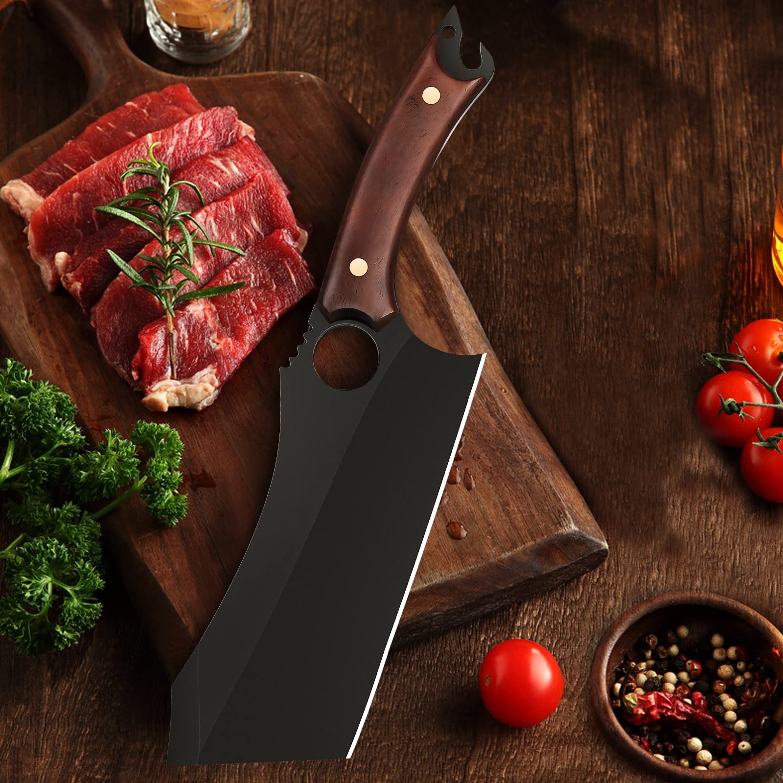 10 Inch Black Meat Cleaver - High Carbon Steel Chef Butcher Knife with Sheath | Sharp Boning & Chopping Knife for Cooking, BBQ & Camping | Includes Gift Box & Bottle Opener | Perfect for Professional Chefs & Outdoor Enthusiasts