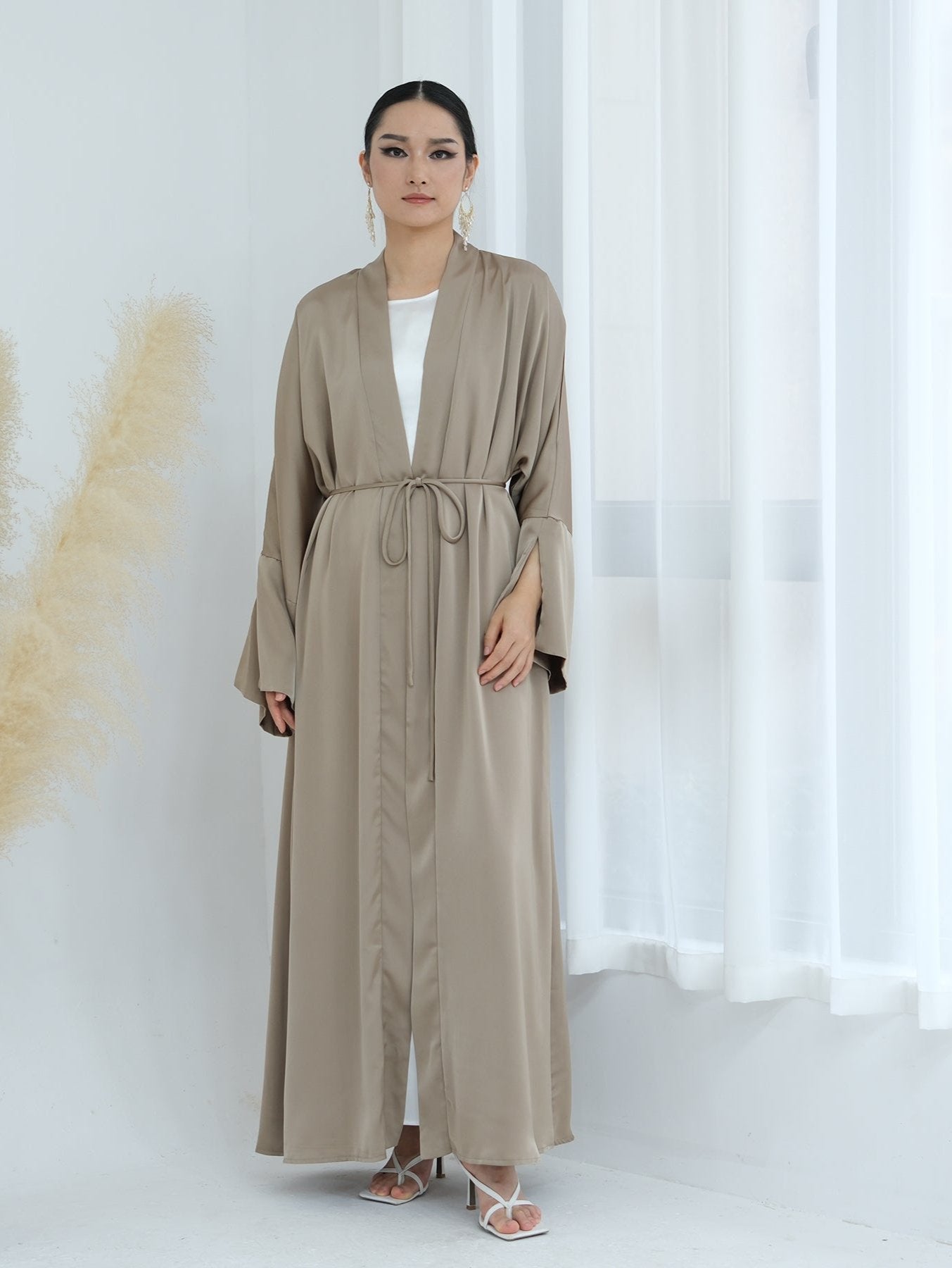 Lavinia Satin Open Abaya Champagne - Elegant Muslim Prayer Dress for Women | Perfect for Eid, Ramadan & Special Occasions