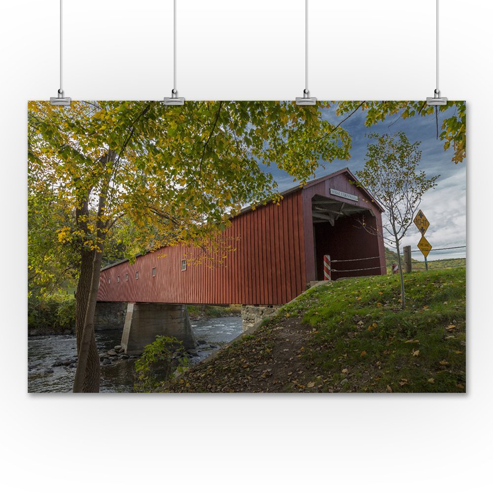 Red Covered Bridge - 36x54 Giclee Gallery Print - Travel Poster Wall Art Decor - Perfect for Living Room, Bedroom & Office Wall Decor