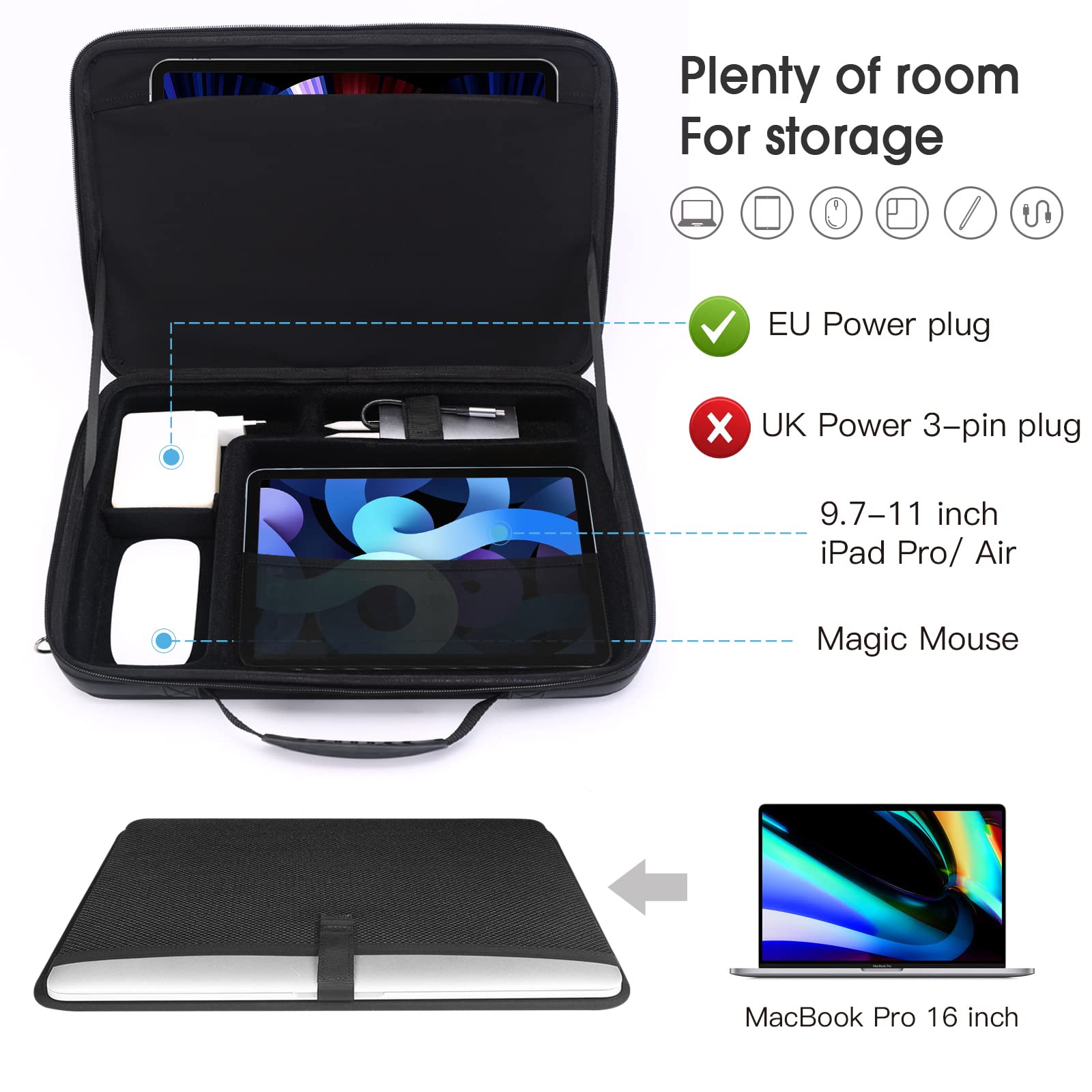 Smatree Protective Hard Sleeve Case for MacBook Pro 16 inch 2021 | Compatible with 15-16 inch Laptops Including MacBook Pro 15.4 inch & Samsung Galaxy Book2 Pro 15.6 inch | Shockproof Travel Carrying Bag with EU Power Plug Adapter | Perfect for Business Travel, Commuting & College Use